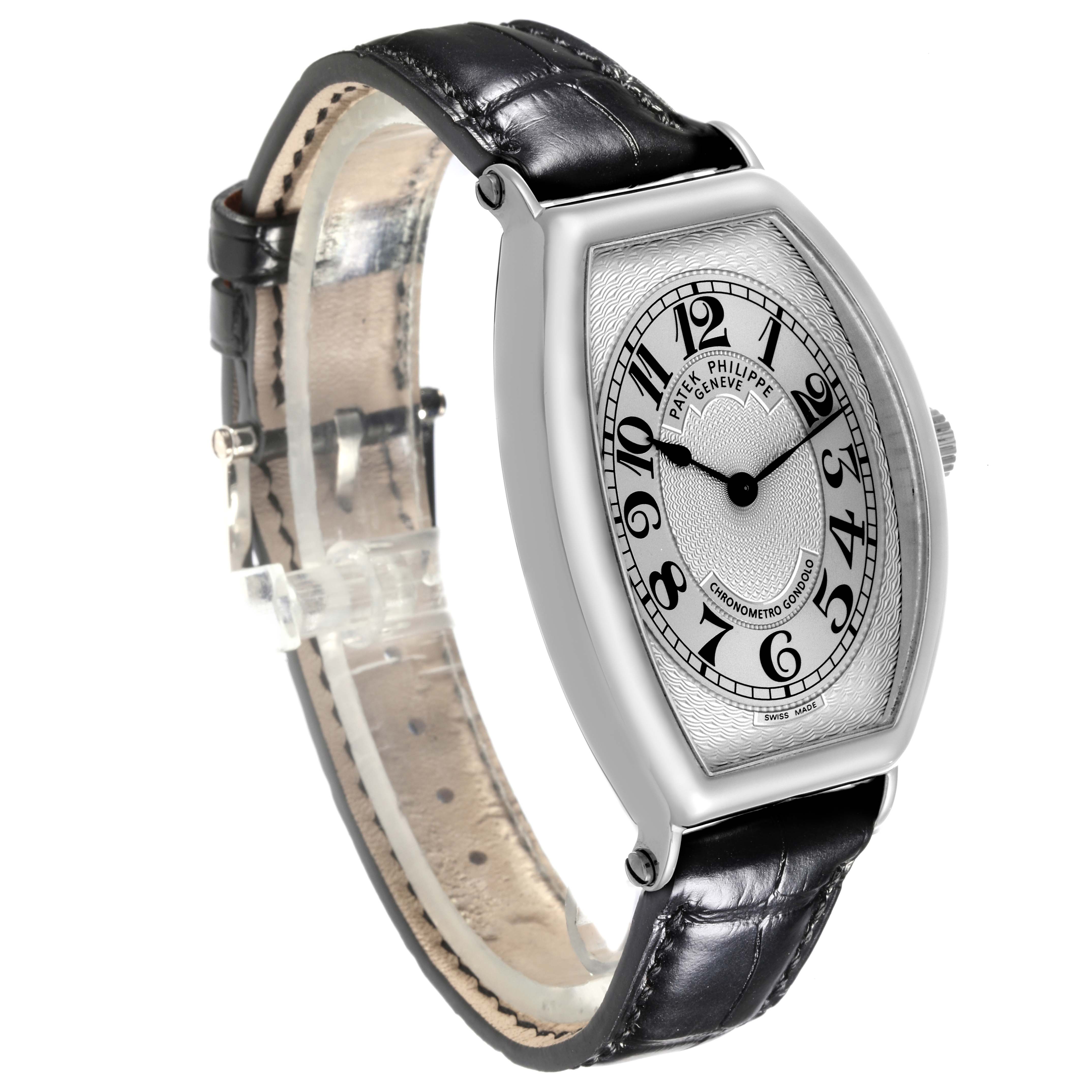 The Patek Philippe Gondolo 5098P-001 Men's Platinum Silver Dial 5098P-001 Men's Platinum Silver Dial watch is shown at a three-quarter angle, highlighting the face, bezel, crown, and leather strap.