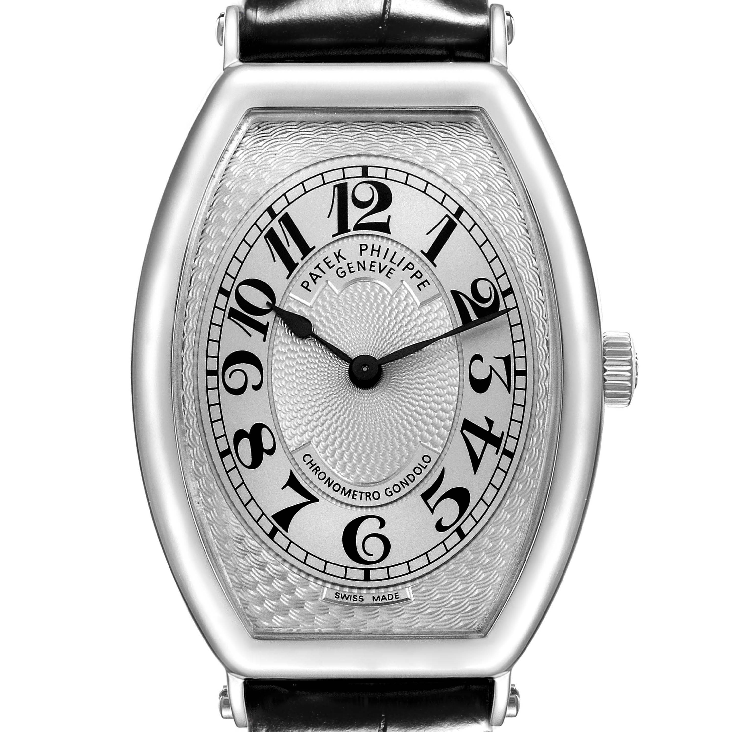 The Patek Philippe Gondolo 5098P-001 Men's Platinum Silver Dial 5098P-001 Men's Platinum Silver Dial watch is shown from the front, displaying its dial, case, crown, and partial strap.
