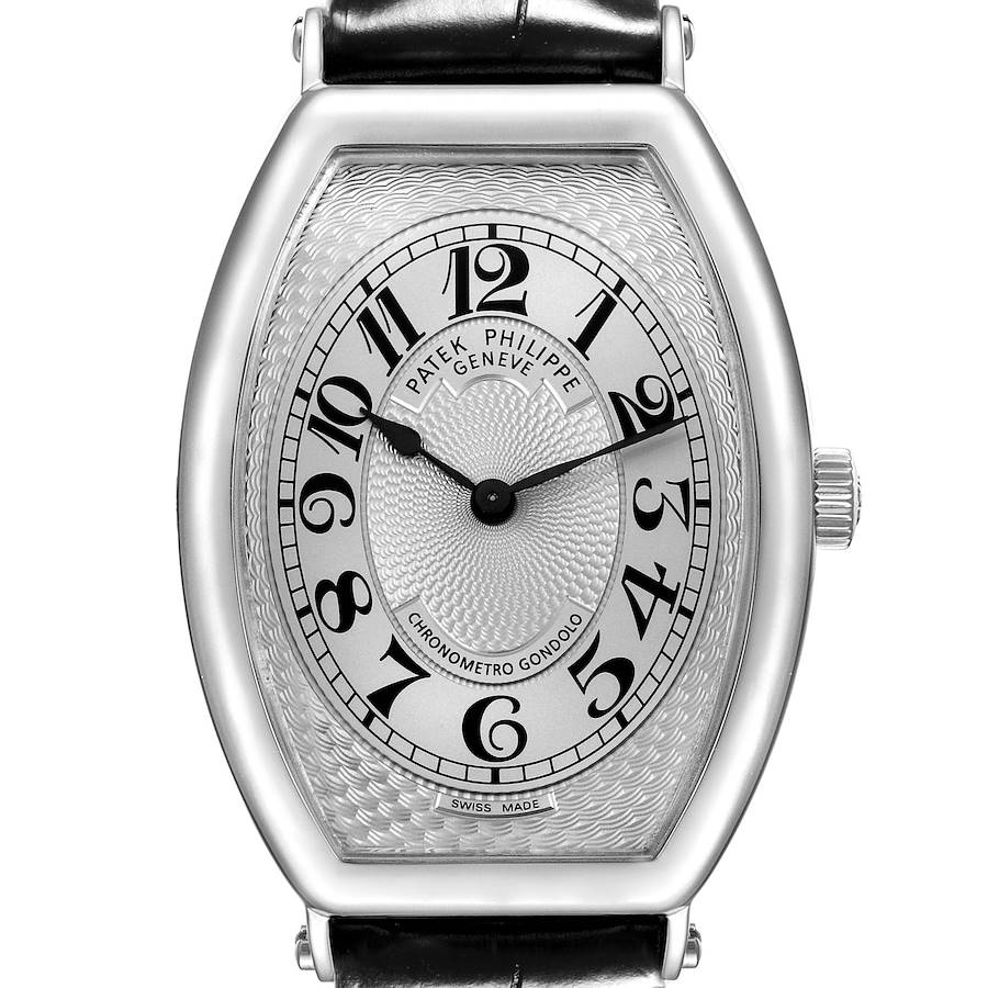 The Patek Philippe Gondolo watch is shown from the front, displaying its dial, case, crown, and partial strap.