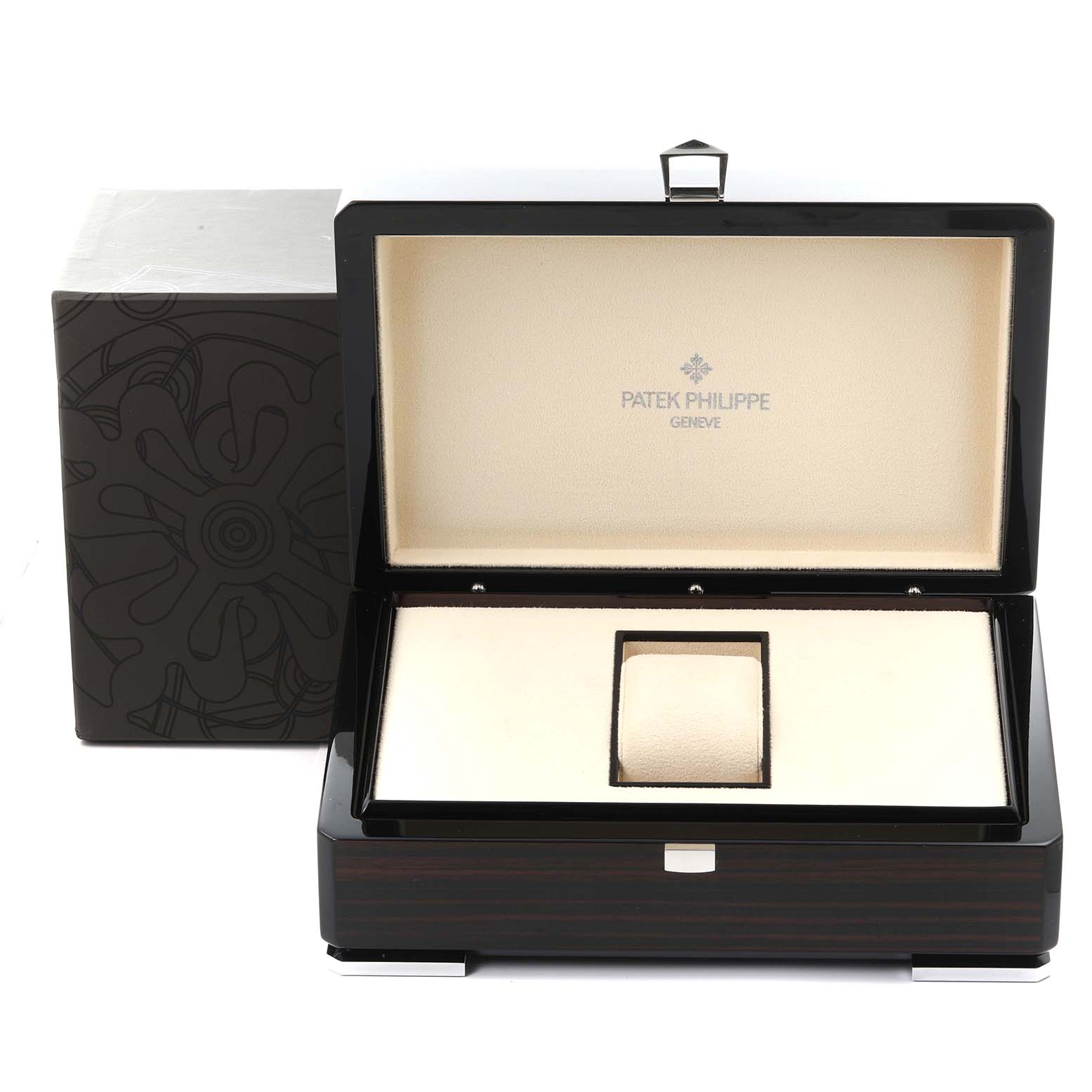 The image shows an open Patek Philippe Gondolo 5025/1J Men's Yellow Gold White Dial 5025/1J Men's Yellow Gold White Dial watch box from a front angle, highlighting the interior and logo.