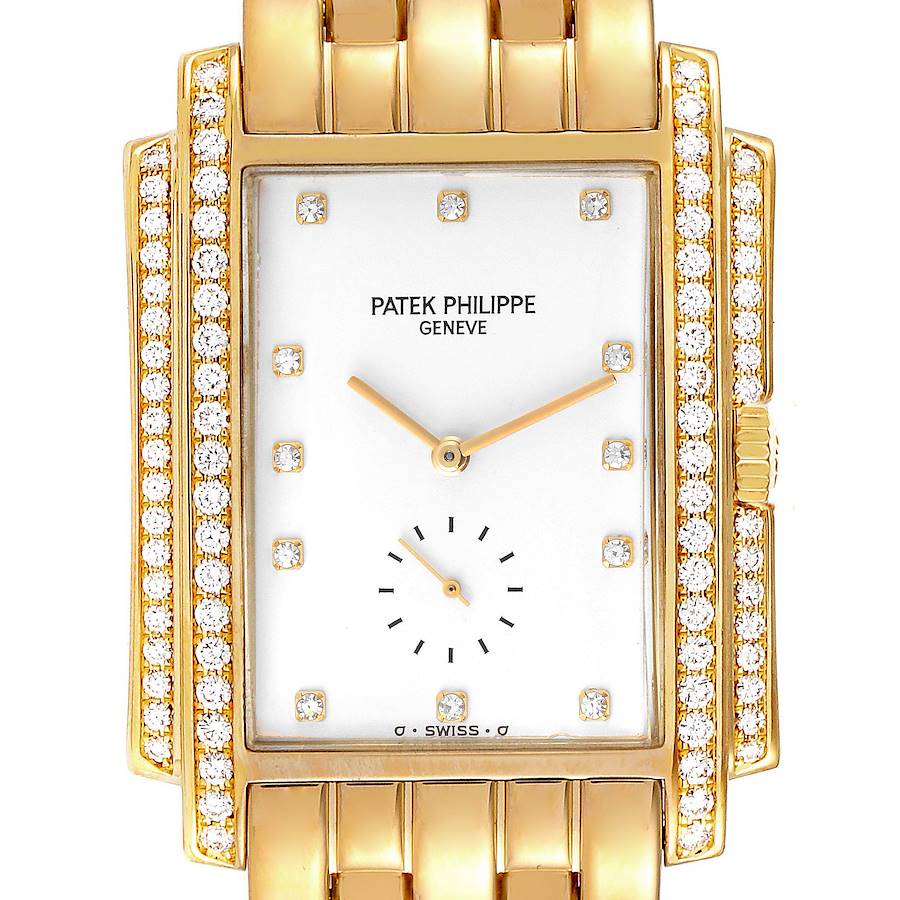 The Patek Philippe Gondolo watch is shown from a front angle, highlighting the gold case, diamond accents, and face details.