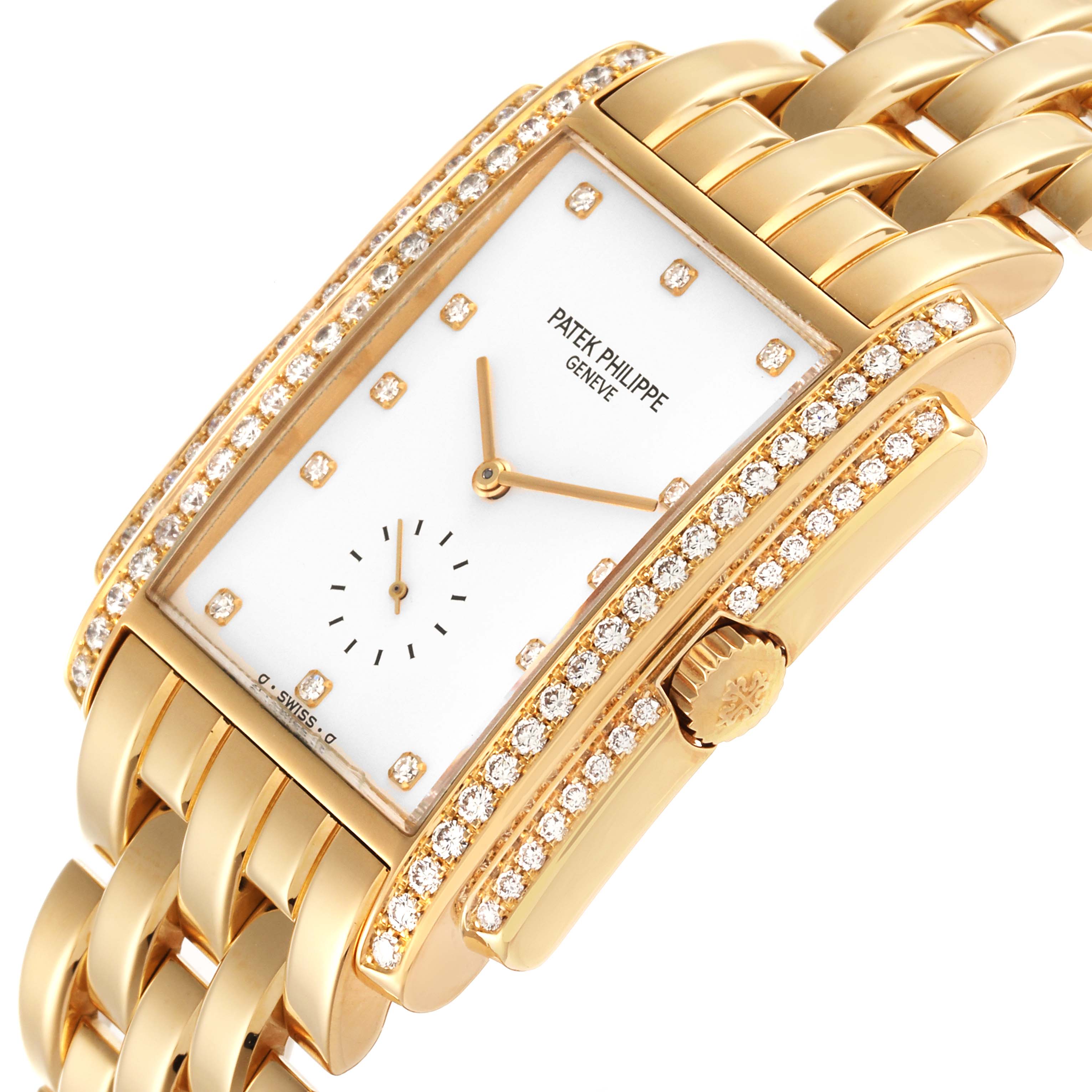 The Patek Philippe Gondolo 5025/1J Men's Yellow Gold White Dial 5025/1J Men's Yellow Gold White Dial watch is shown at an angled view, highlighting the diamond-encrusted bezel and bracelet.