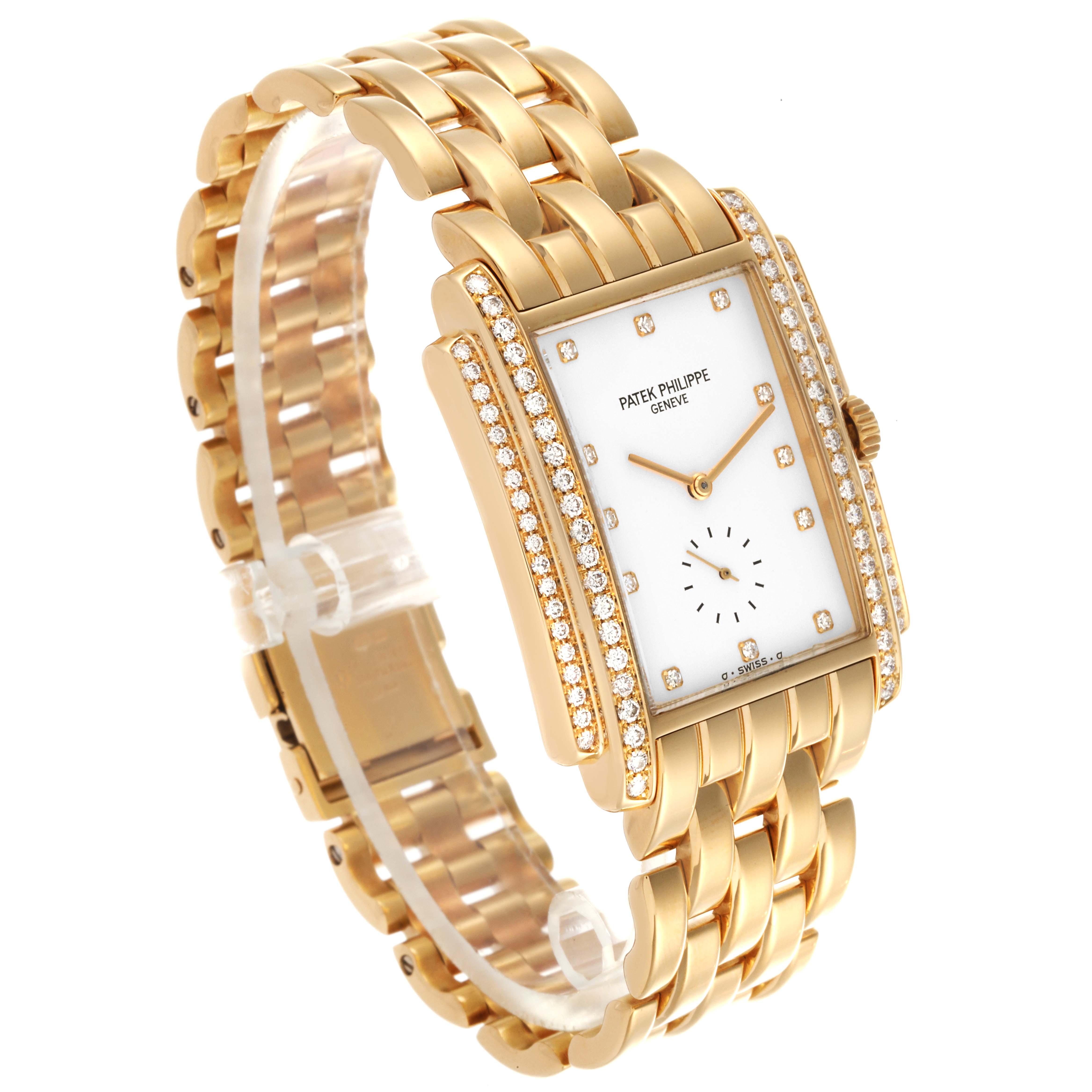 The Patek Philippe Gondolo 5025/1J Men's Yellow Gold White Dial 5025/1J Men's Yellow Gold White Dial watch is shown at a three-quarter angle, displaying the bracelet, dial, and diamond-encrusted bezel.