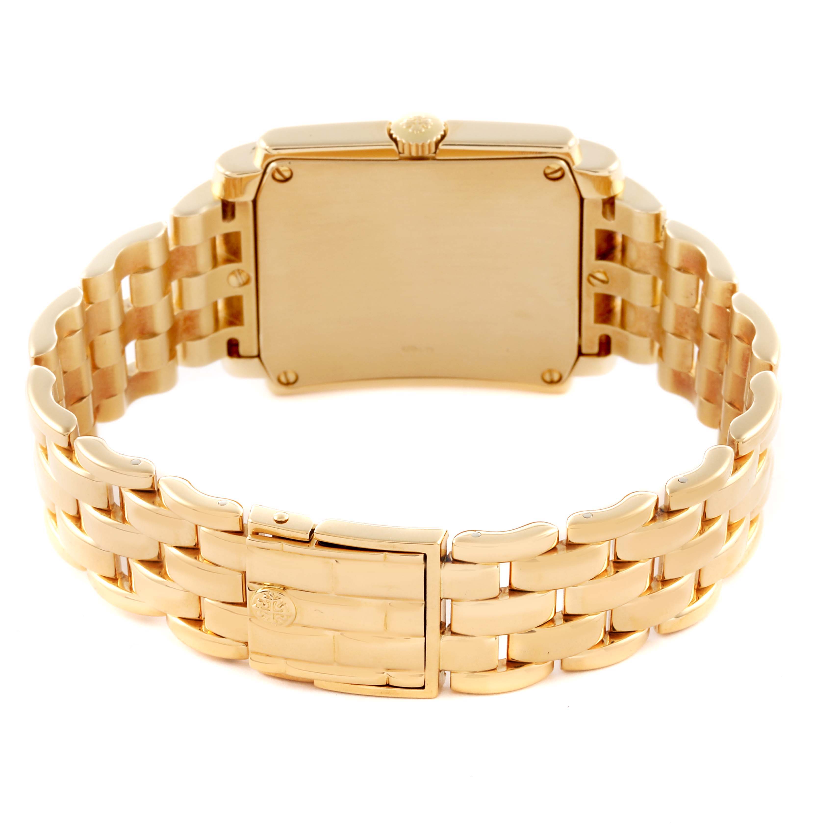 The image shows the back of a Patek Philippe Gondolo 5025/1J Men's Yellow Gold White Dial 5025/1J Men's Yellow Gold White Dial watch, highlighting its gold bracelet and clasp.