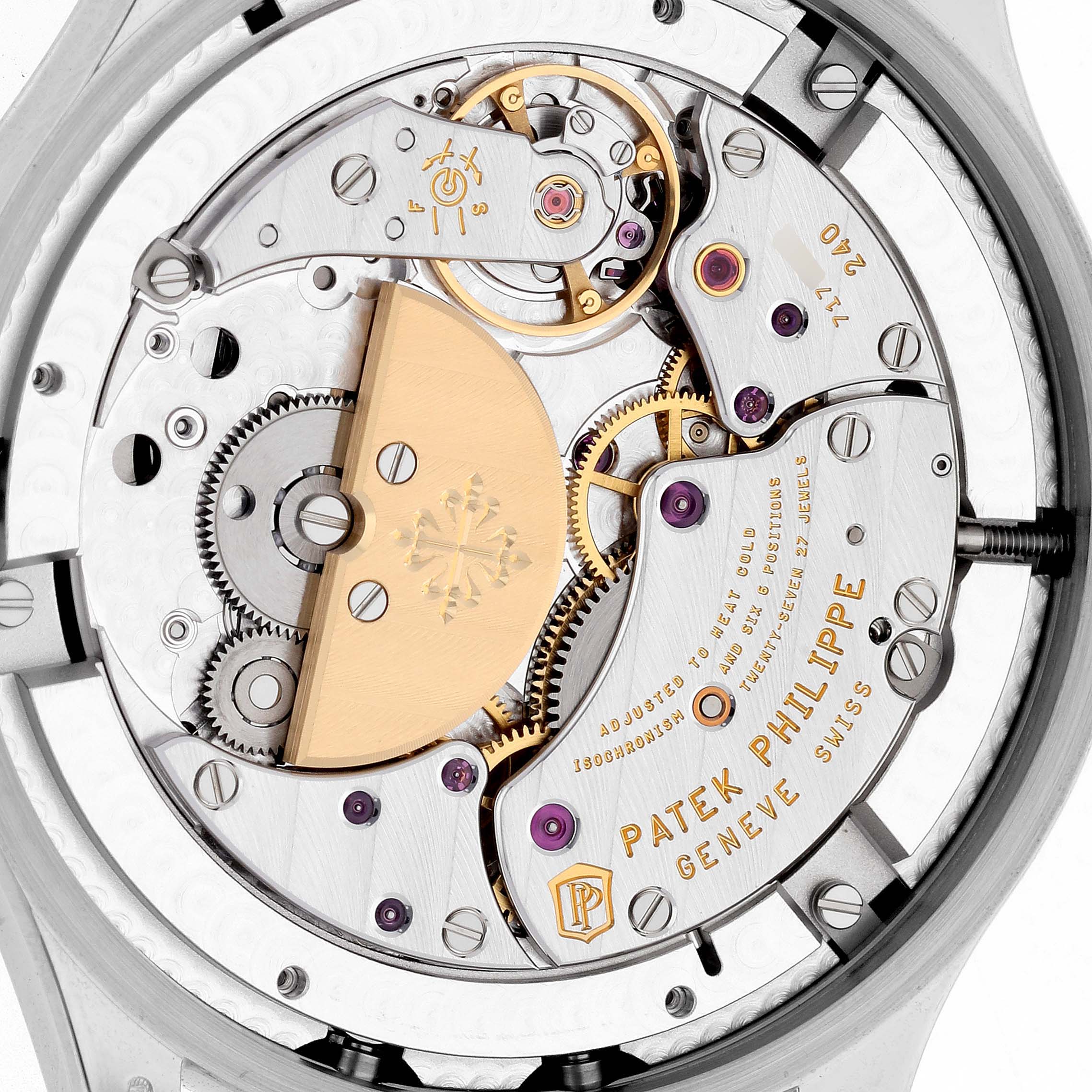 The image shows the back view of the Patek Philippe Complications 5327G-001 Men's White Gold Blue Dial 5327G-001 Men's White Gold Blue Dial watch, highlighting its intricate movement parts and engravings.