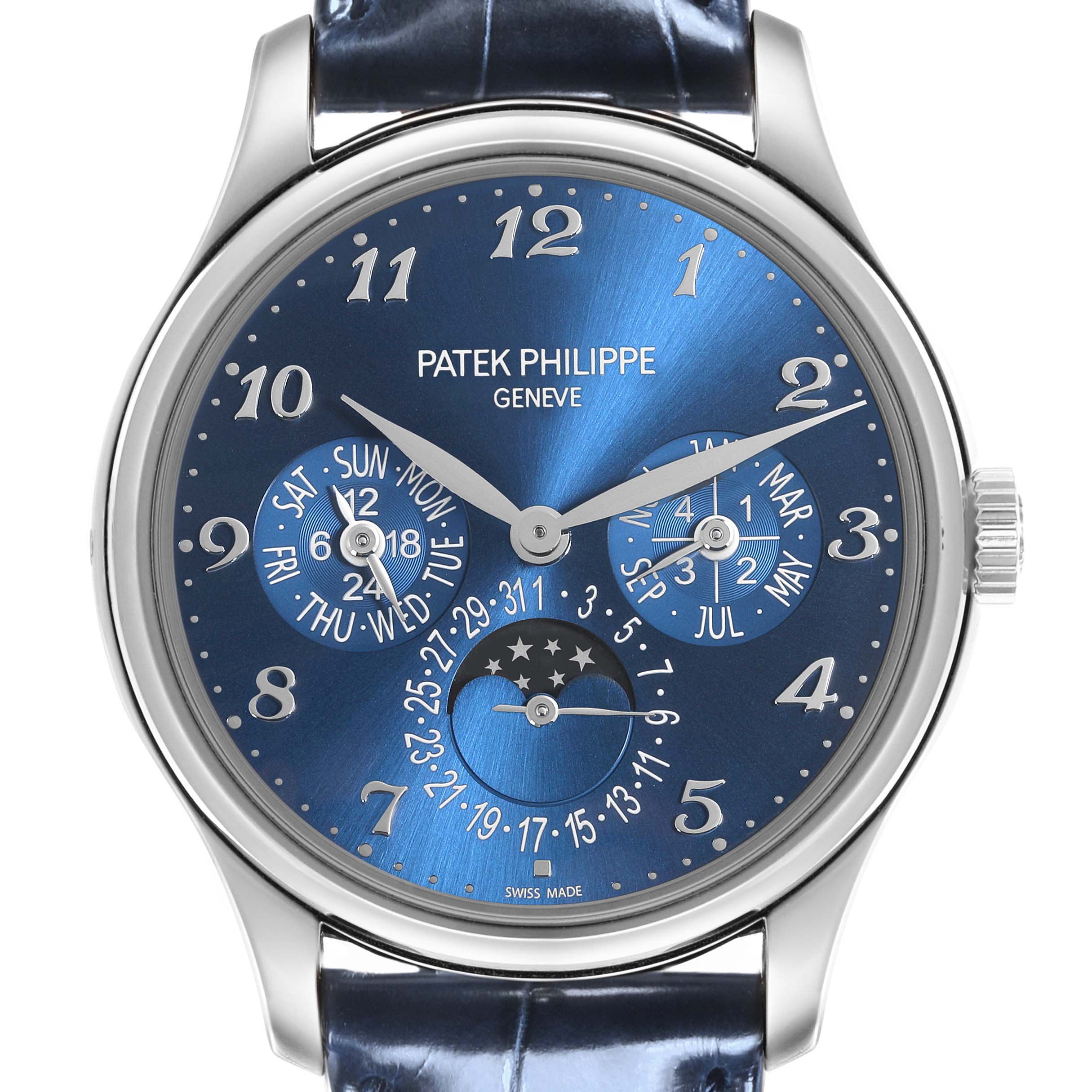 The Patek Philippe Complications 5327G-001 Men's White Gold Blue Dial 5327G-001 Men's White Gold Blue Dial watch is shown from the front, highlighting the dial with calendar displays and moon phase.