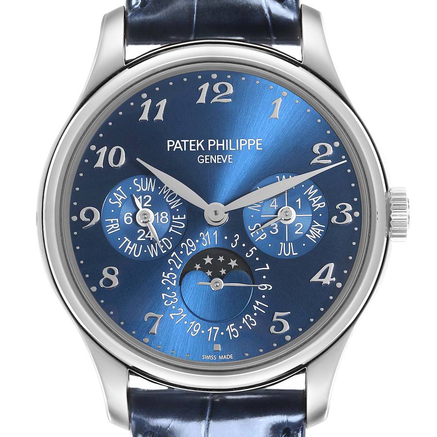 The Patek Philippe Complications watch is shown from the front, highlighting the dial with calendar displays and moon phase.