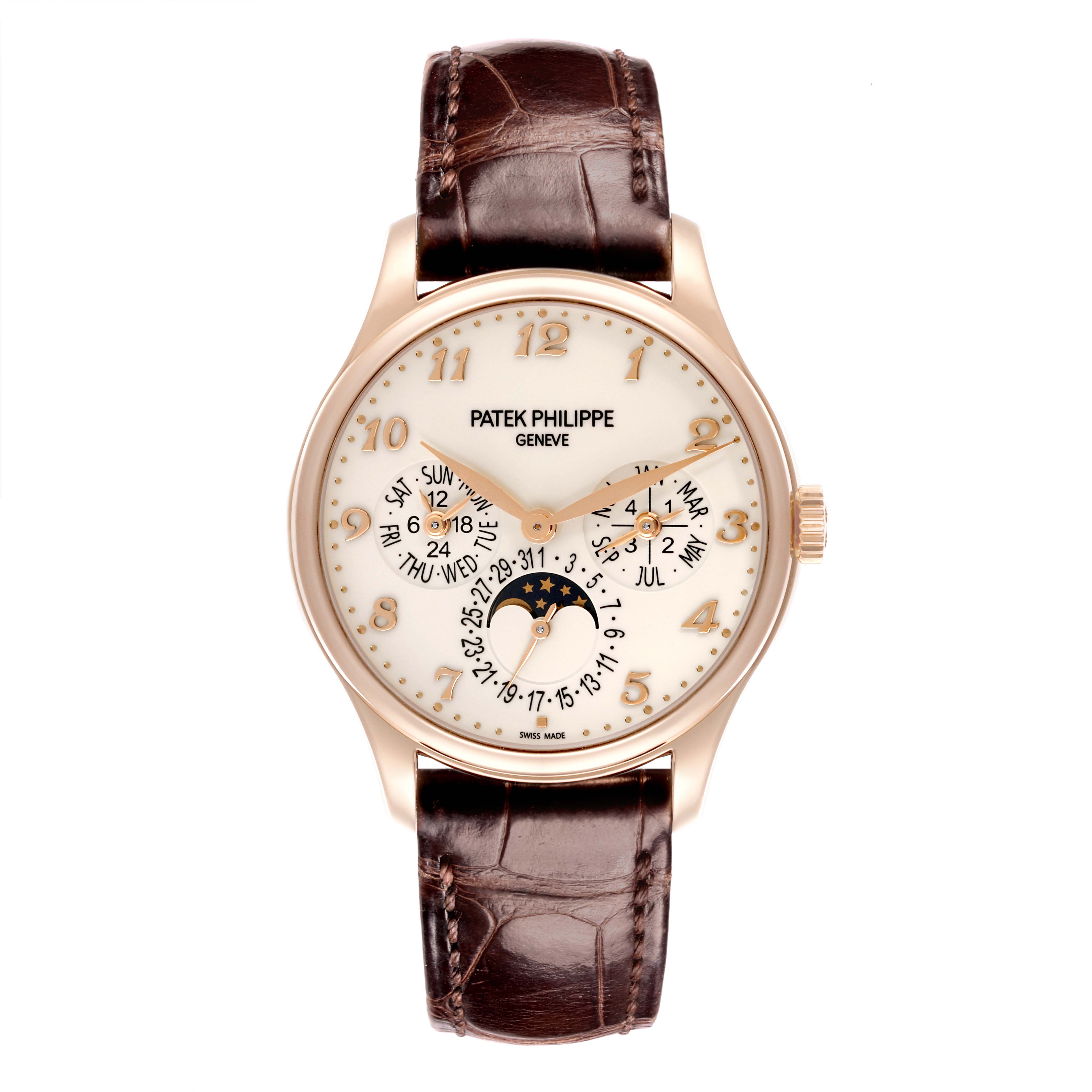The Patek Philippe Complications 5327R-001 Men's Rose Gold White Dial 5327R-001 Men's Rose Gold White Dial watch is shown from the front, displaying the face and brown leather strap.