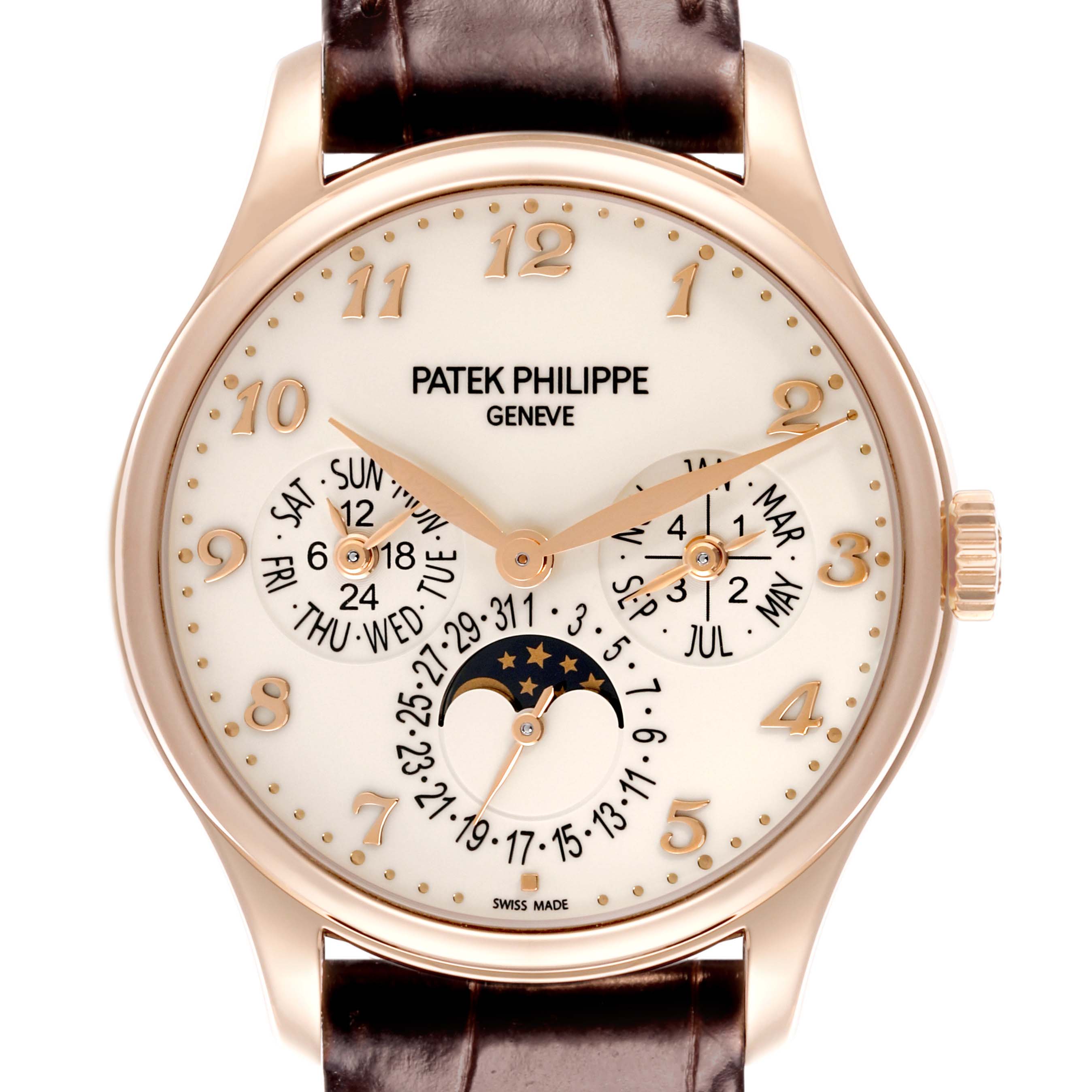 The image shows a front view of the Patek Philippe Complications 5327R-001 Men's Rose Gold White Dial 5327R-001 Men's Rose Gold White Dial watch, displaying its dial, hands, and moon phase feature.