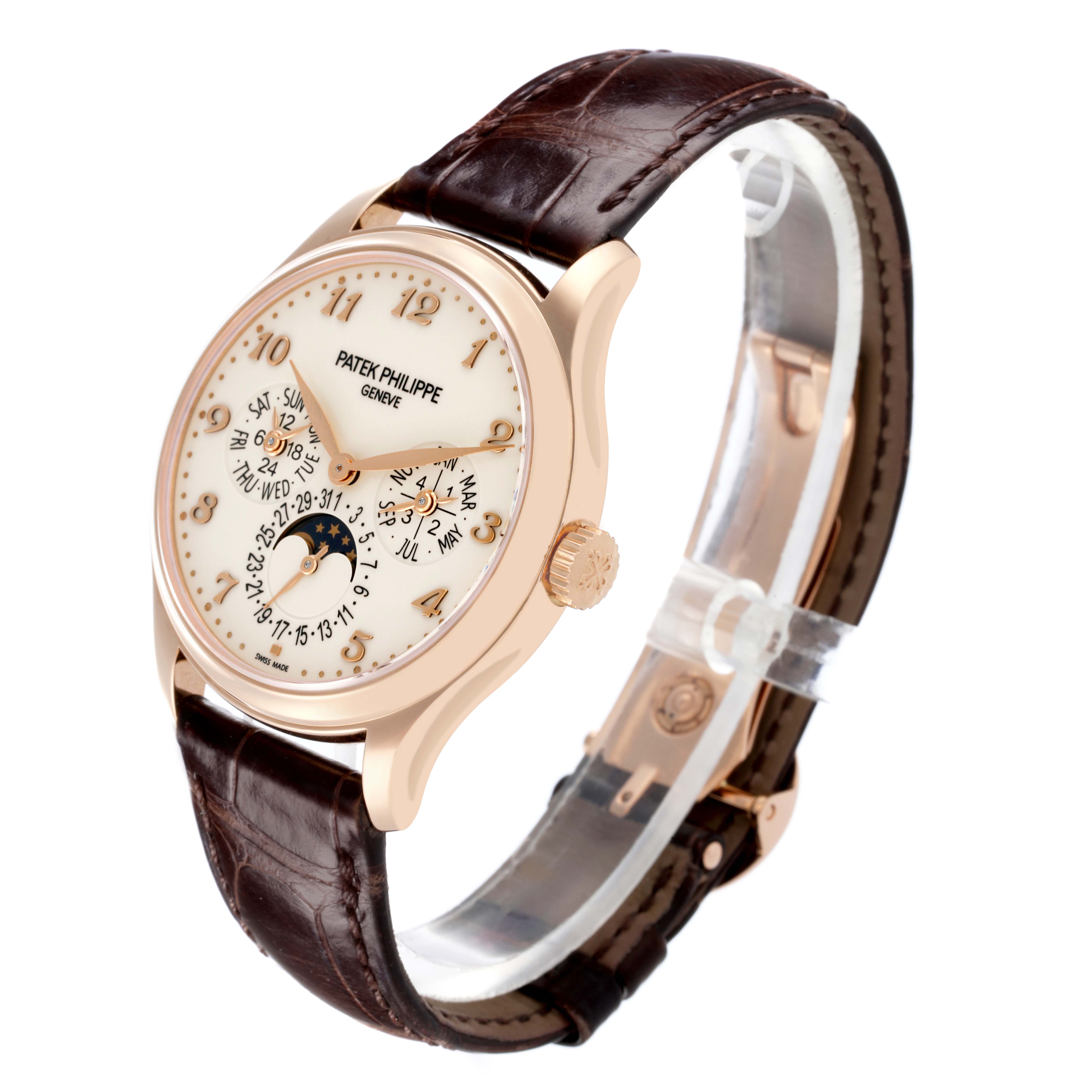 The Patek Philippe Complications 5327R-001 Men's Rose Gold White Dial 5327R-001 Men's Rose Gold White Dial watch is shown at a three-quarter angle, highlighting the dial and leather strap.
