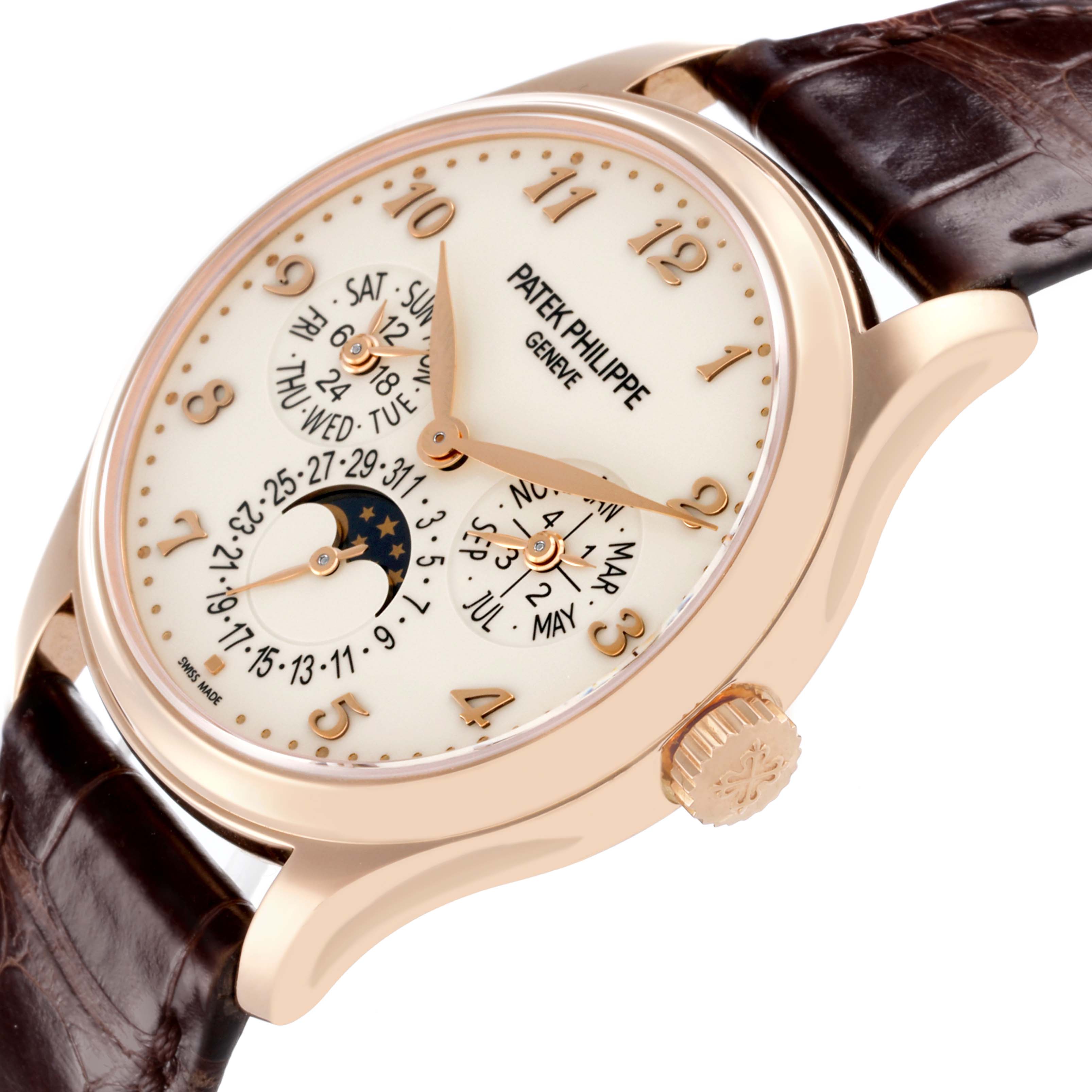 The Patek Philippe Complications 5327R-001 Men's Rose Gold White Dial 5327R-001 Men's Rose Gold White Dial watch is shown at an angle highlighting the face, crown, lugs, and leather strap.
