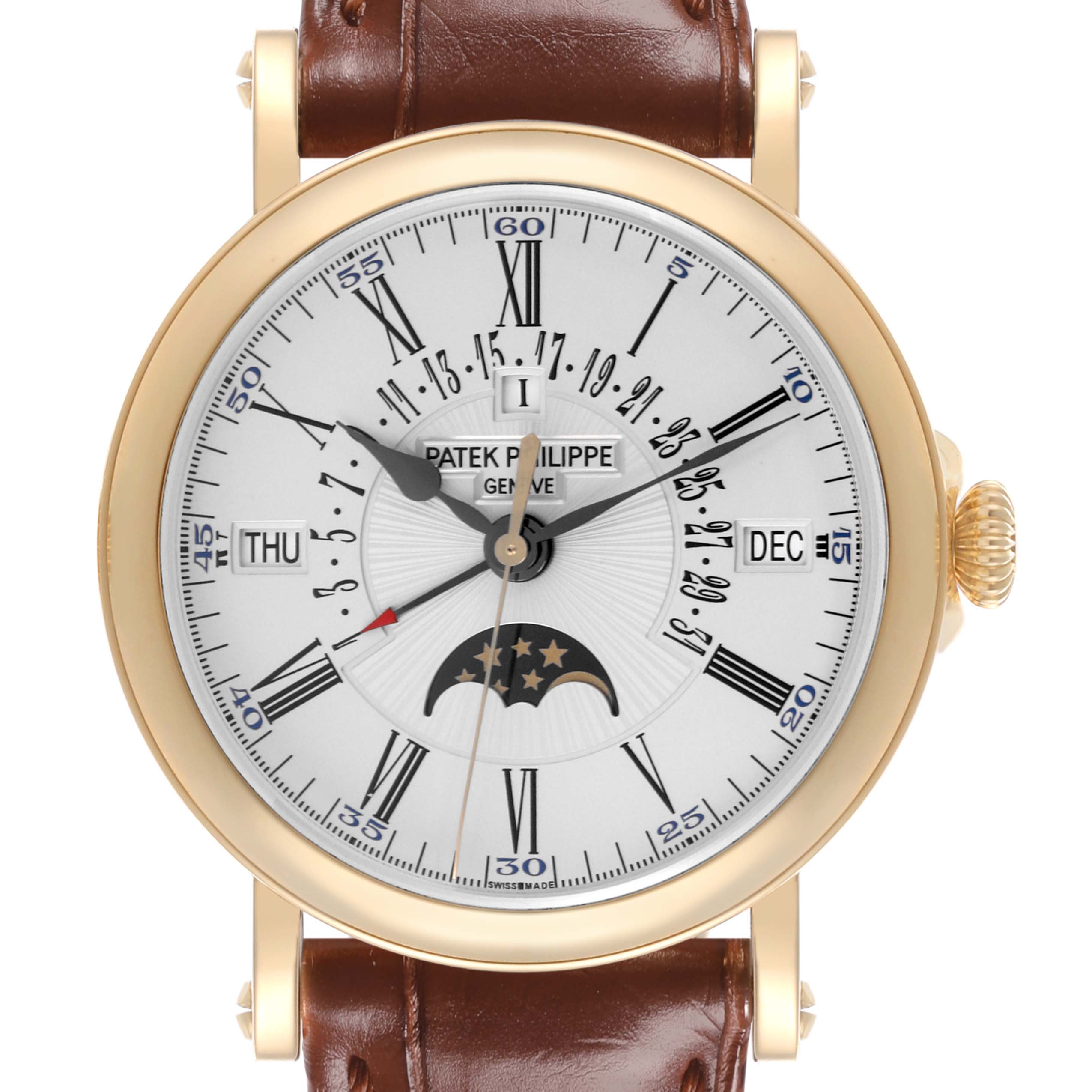 The Patek Philippe Complications 5159J Men's Yellow Gold Silver Dial 5159J Men's Yellow Gold Silver Dial watch is shown from a front angle, displaying its face, gold case, crown, and brown leather strap.