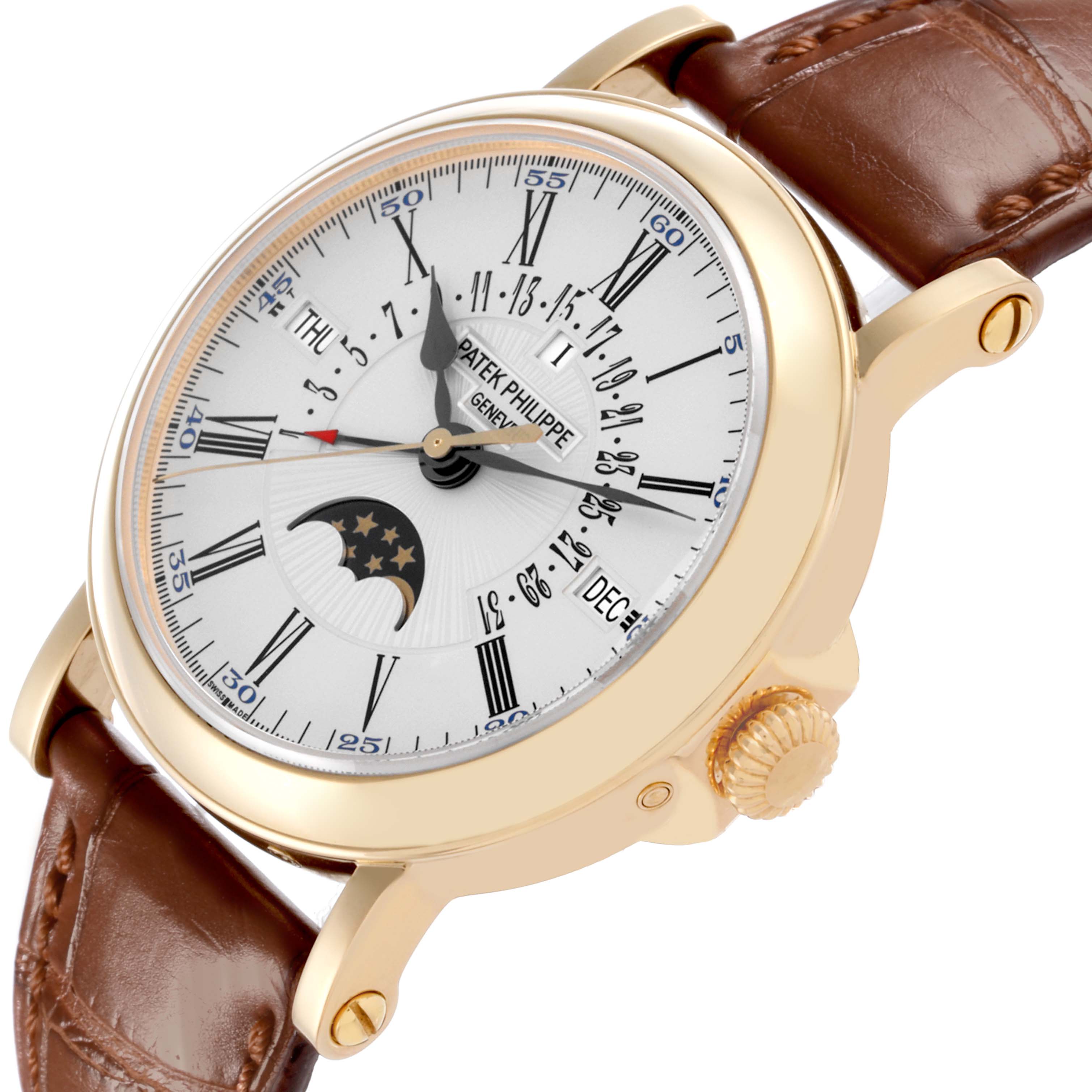 This Patek Philippe Complications 5159J Men's Yellow Gold Silver Dial 5159J Men's Yellow Gold Silver Dial watch is shown at a slight angle highlighting the dial, moon phase, crown, and brown leather strap.