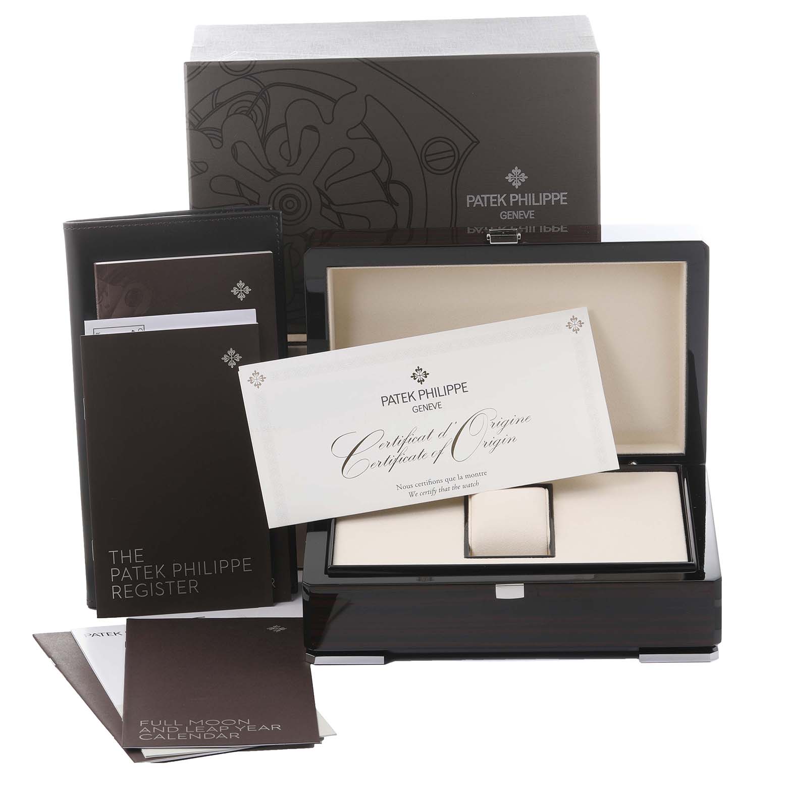 The image shows the packaging and certificates for a Patek Philippe Complications 5159J Men's Yellow Gold Silver Dial 5159J Men's Yellow Gold Silver Dial watch, including a box, papers, and a certificate.