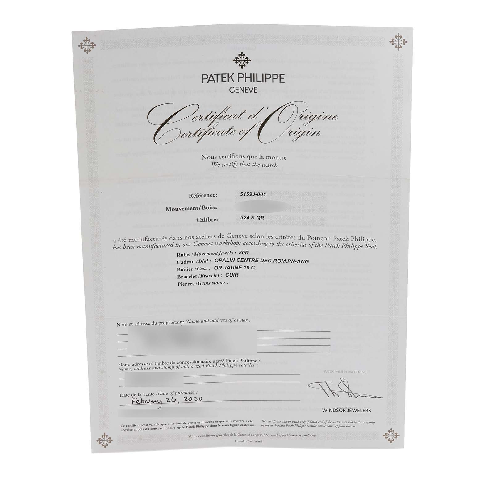 The image shows the Certificate of Origin for a Patek Philippe Complications 5159J Men's Yellow Gold Silver Dial 5159J Men's Yellow Gold Silver Dial watch, model 5159J-001.