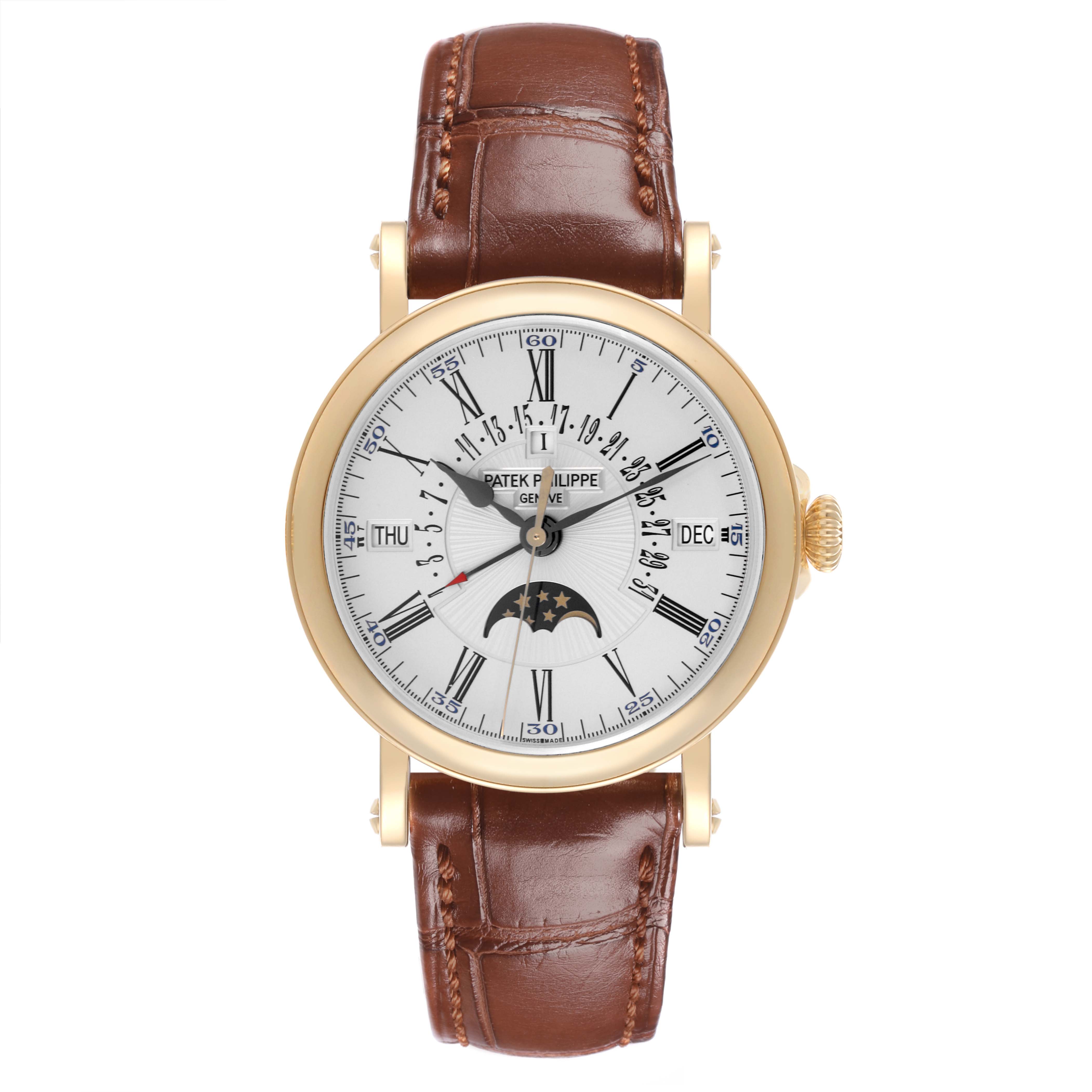 The Patek Philippe Complications 5159J Men's Yellow Gold Silver Dial 5159J Men's Yellow Gold Silver Dial watch is shown from the front, displaying the dial, gold case, and brown leather strap.