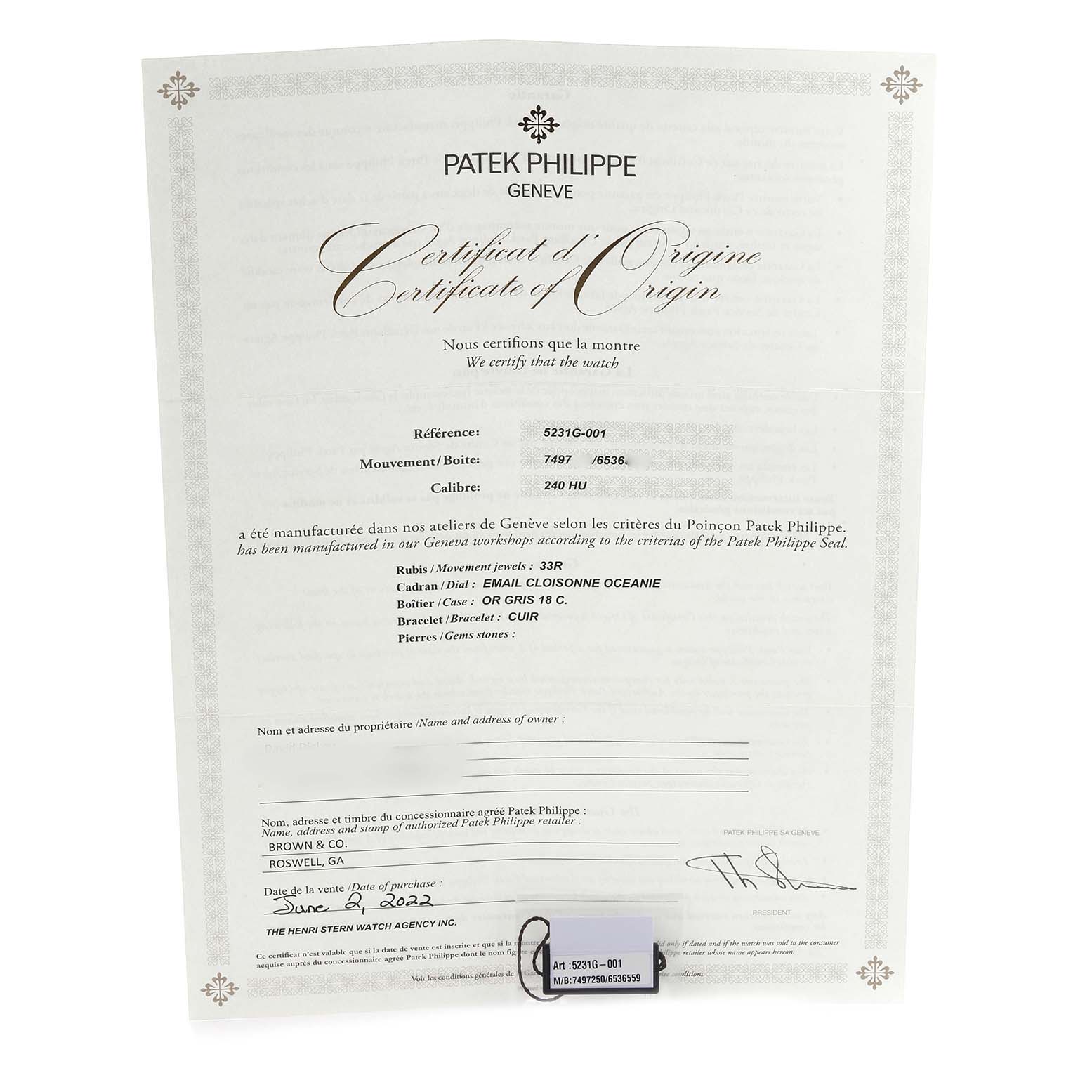 This image shows a certificate for the Patek Philippe Complications 5231G-001 Men's White Gold Silver Dial 5231G-001 Men's White Gold Silver Dial model, including details like reference number and movement.
