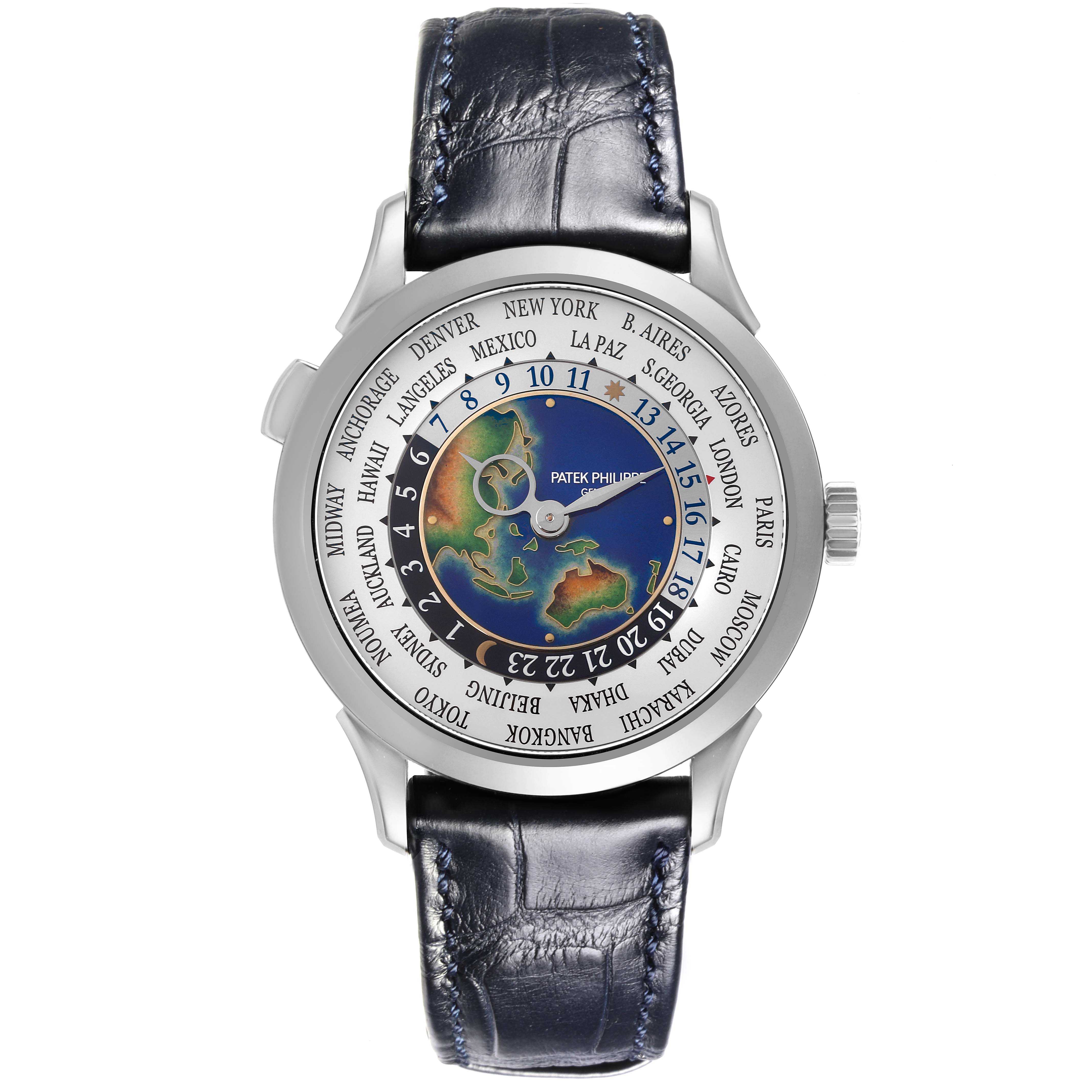 The Patek Philippe Complications 5231G-001 Men's White Gold Silver Dial 5231G-001 Men's White Gold Silver Dial watch is shown from the front, displaying the face, dial, bezel, and strap.