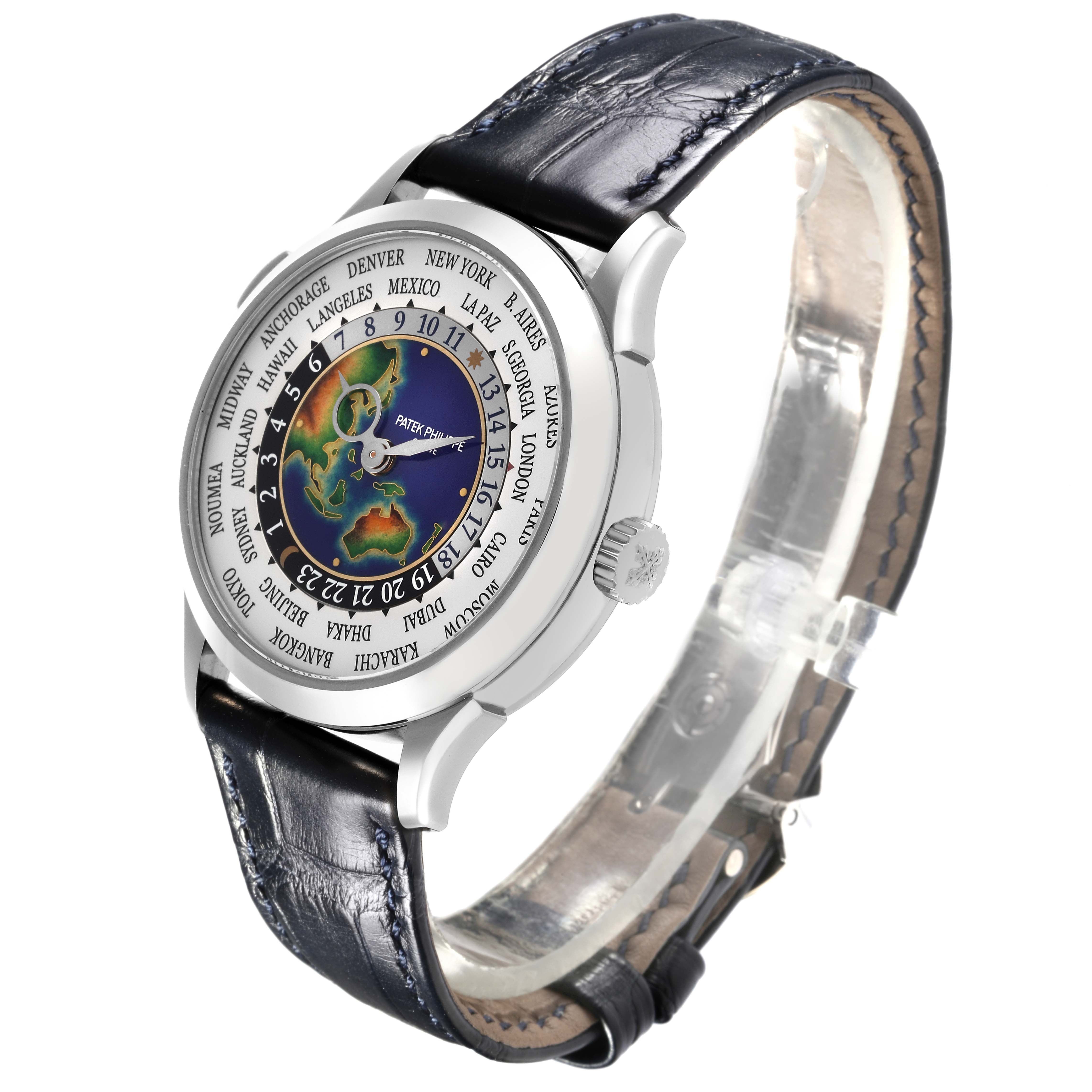 The image shows a side angle of the Patek Philippe Complications 5231G-001 Men's White Gold Silver Dial 5231G-001 Men's White Gold Silver Dial watch, highlighting the dial, case, and leather strap.