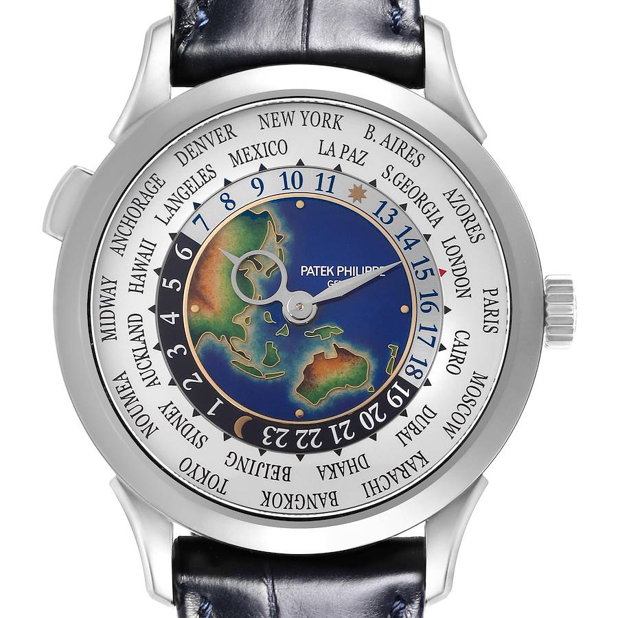 The Patek Philippe Complications watch is shown from the front, displaying its world time dial and map design.