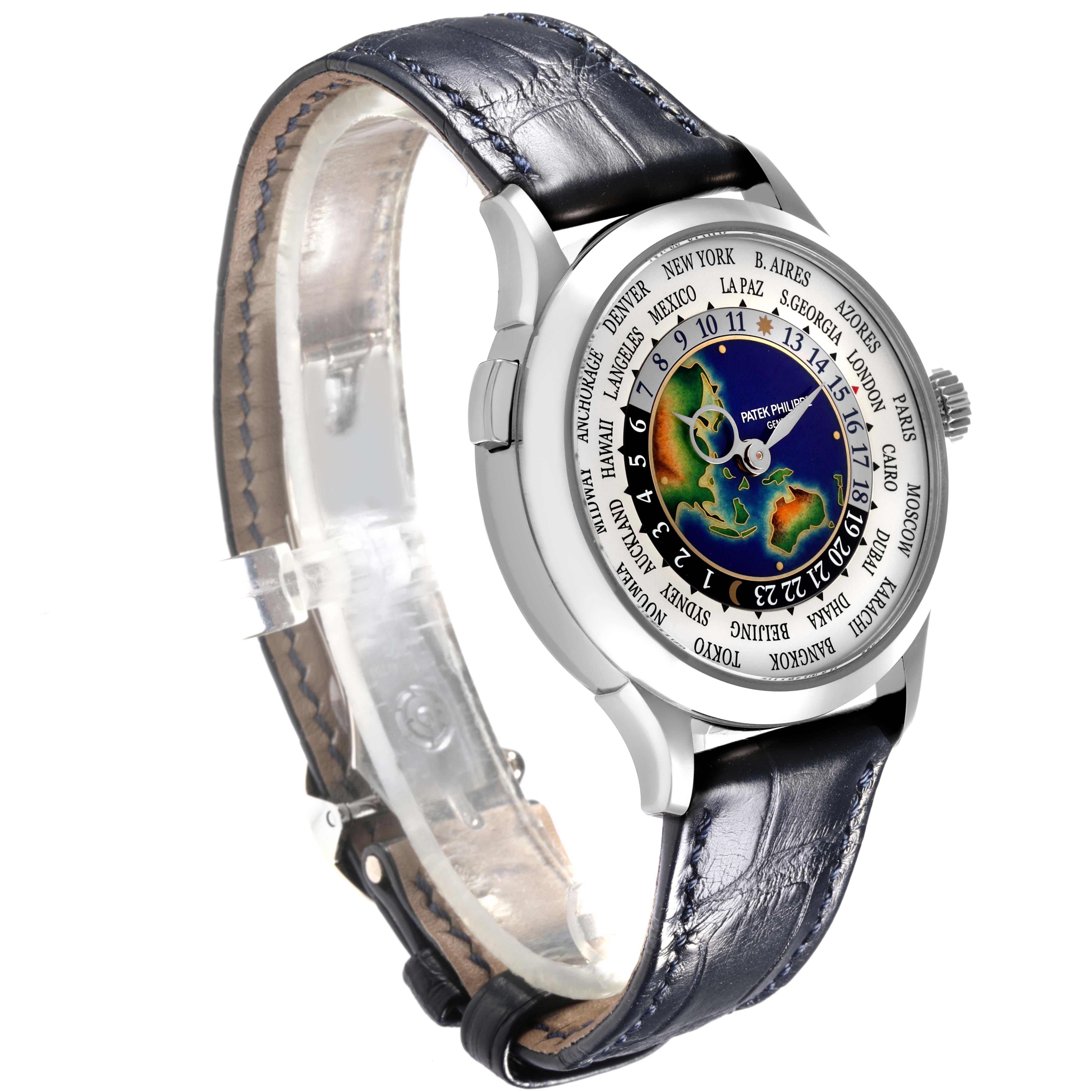 The Patek Philippe Complications 5231G-001 Men's White Gold Silver Dial 5231G-001 Men's White Gold Silver Dial watch is shown at a three-quarters angle, highlighting its dial, case, and leather strap.