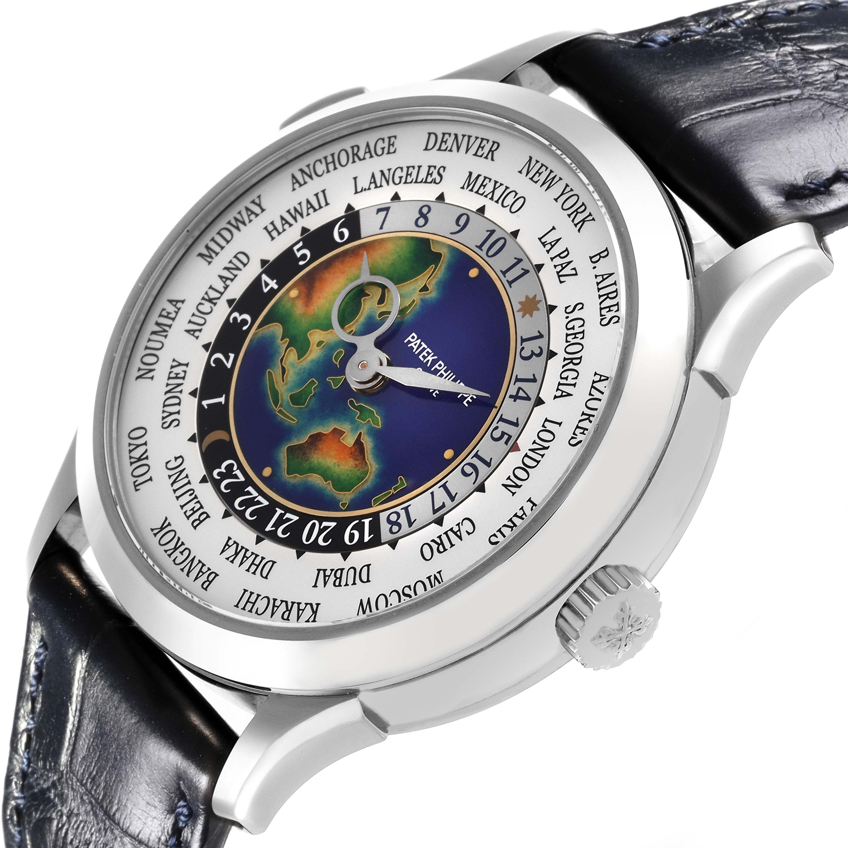 The Patek Philippe Complications 5231G-001 Men's White Gold Silver Dial 5231G-001 Men's White Gold Silver Dial watch is shown at an angle highlighting the dial, bezel, crown, and part of the leather strap.