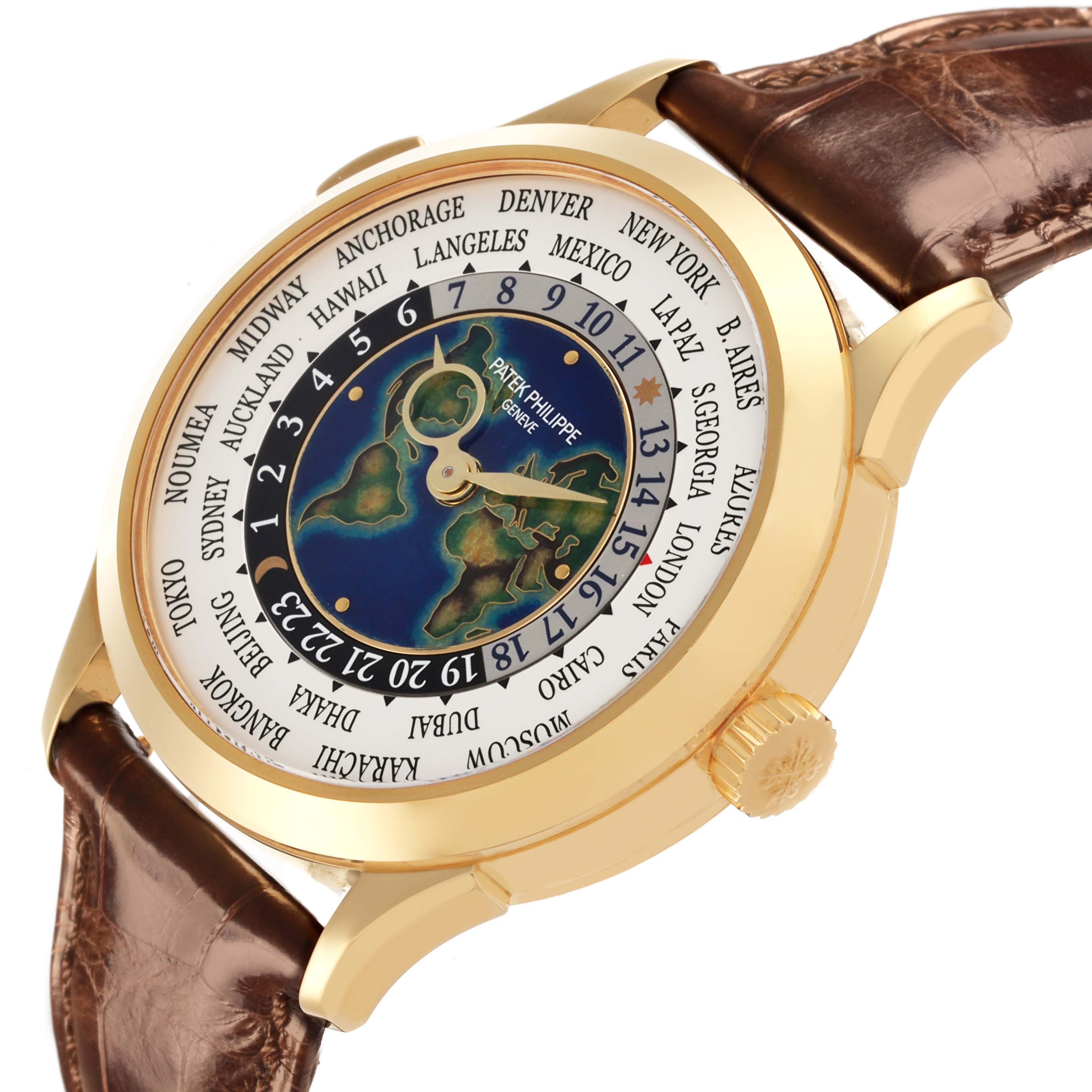 The Patek Philippe Complications 5231J-001 Men's Yellow Gold Silver Dial 5231J-001 Men's Yellow Gold Silver Dial watch is shown at an angle highlighting the dial, bezel, crown, and leather strap.