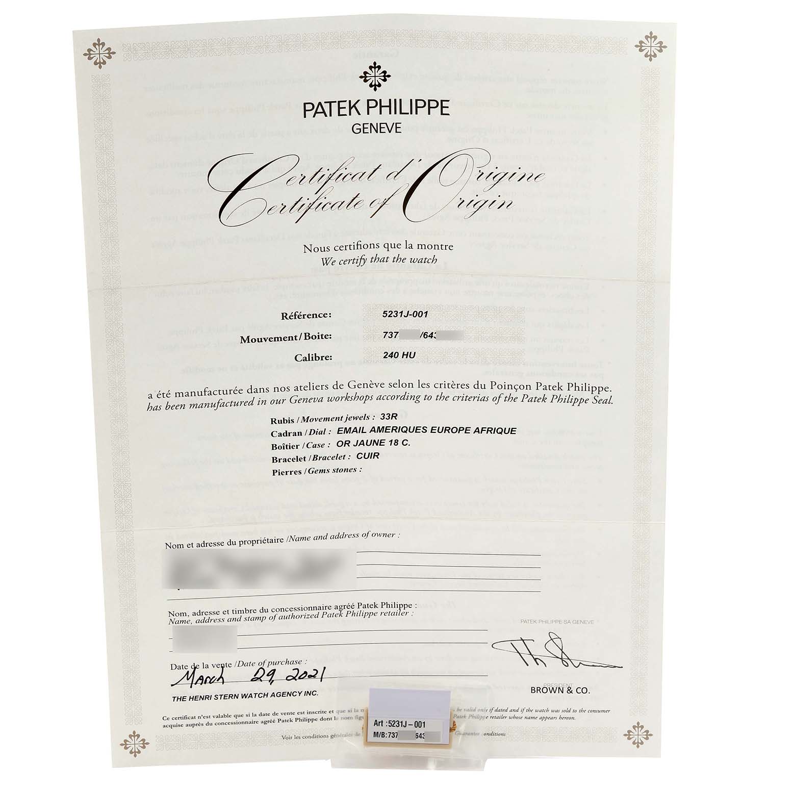 The image shows the certificate of origin for a Patek Philippe Complications 5231J-001 Men's Yellow Gold Silver Dial 5231J-001 Men's Yellow Gold Silver Dial model.