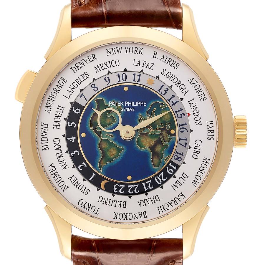 The Patek Philippe Complications watch is shown from the front, highlighting its dial, bezel, world time zones, and crown.