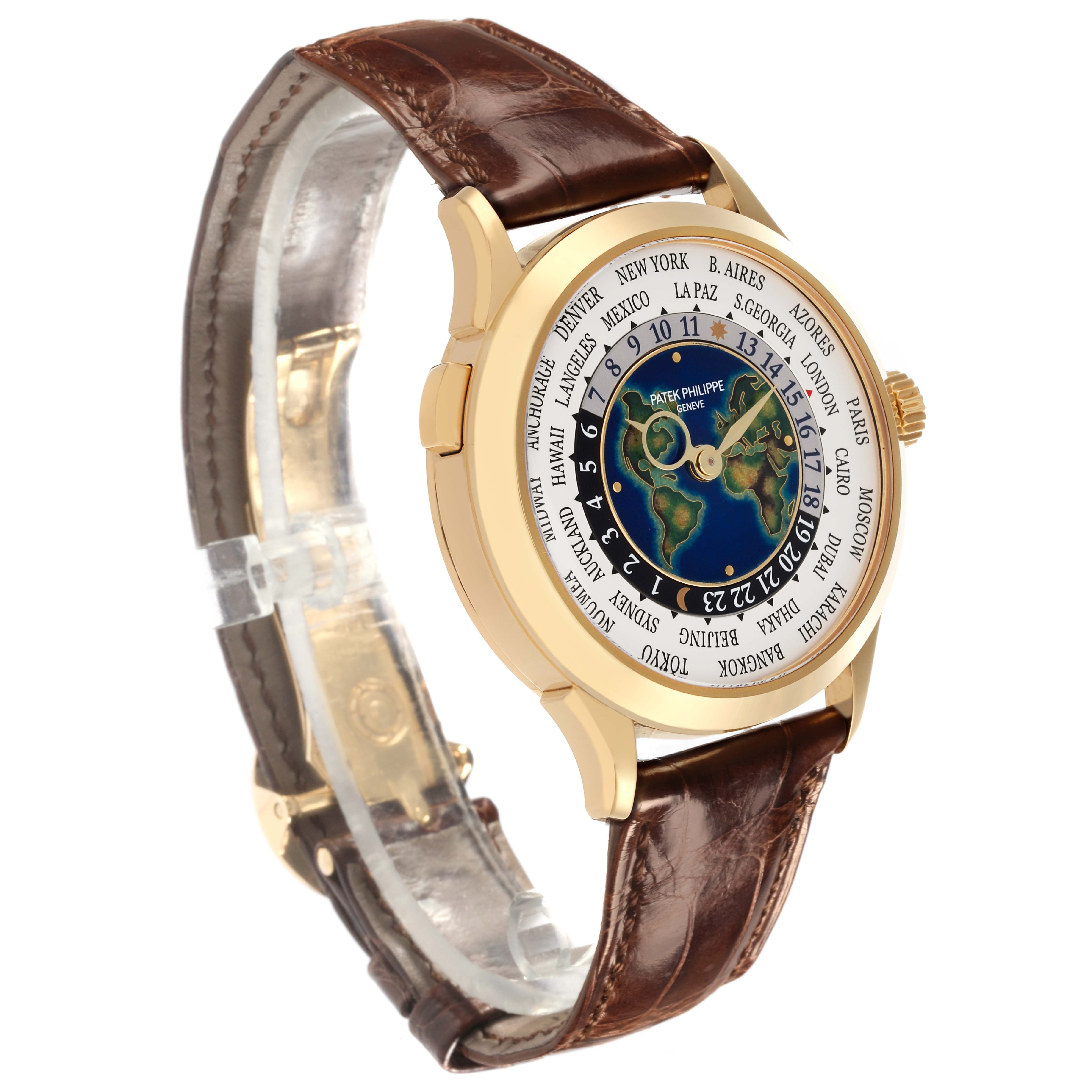 The Patek Philippe Complications 5231J-001 Men's Yellow Gold Silver Dial 5231J-001 Men's Yellow Gold Silver Dial watch is shown at a three-quarter angle, displaying the face, gold case, and leather strap.