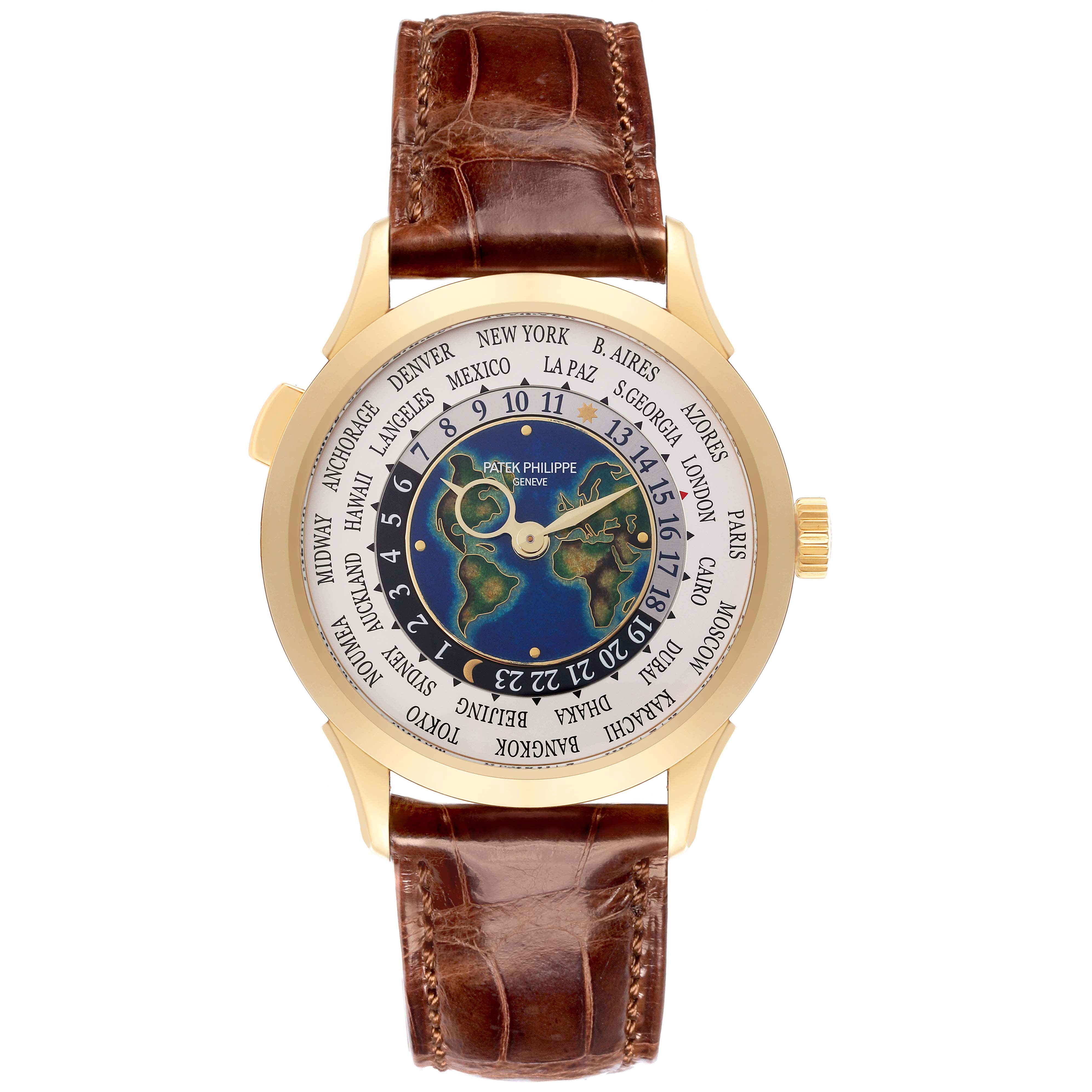 The Patek Philippe Complications 5231J-001 Men's Yellow Gold Silver Dial 5231J-001 Men's Yellow Gold Silver Dial watch is shown from a top view, displaying the dial and leather strap.