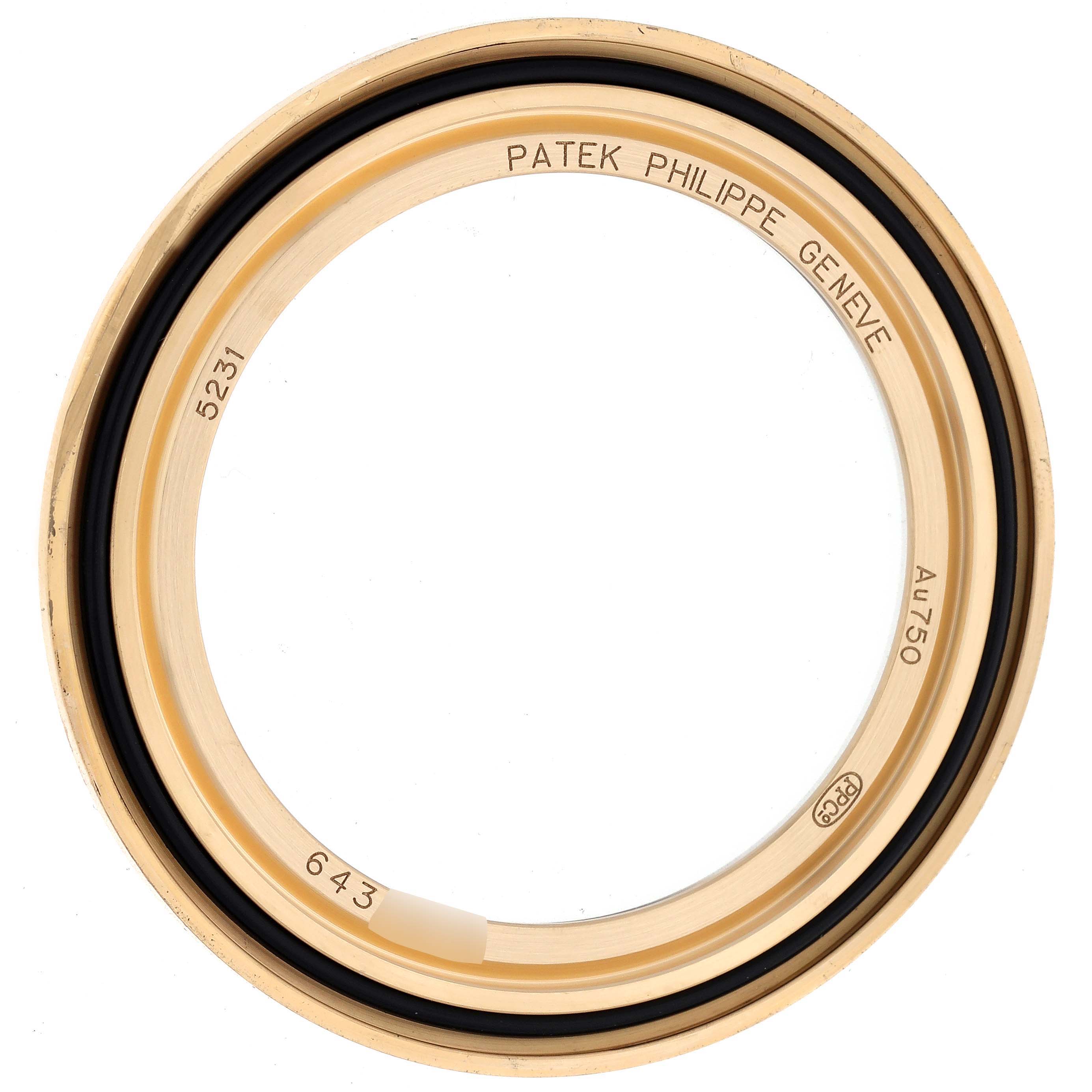 The image shows a Patek Philippe Complications 5231J-001 Men's Yellow Gold Silver Dial 5231J-001 Men's Yellow Gold Silver Dial model bezel, viewed from above, displaying engravings and detailing.