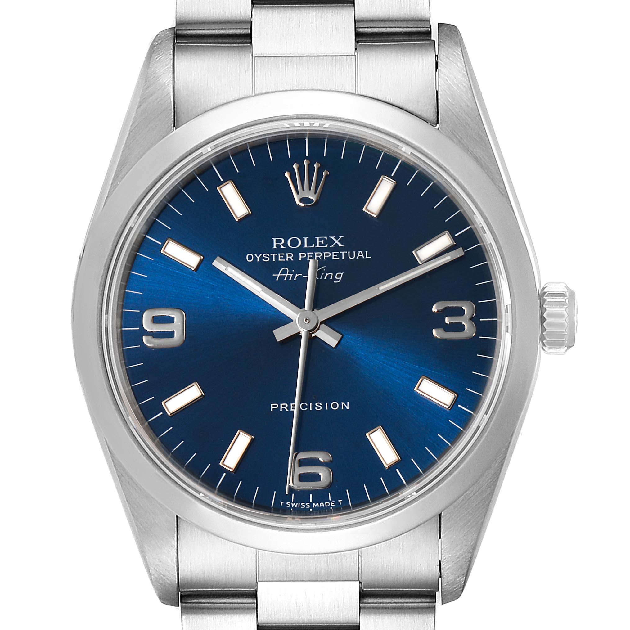 The image shows a front view of the Rolex Air-King 14000 Men's Stainless Steel Blue Dial 14000 Men's Stainless Steel Blue Dial watch, highlighting its blue dial, silver indices, and stainless steel case and bracelet.
