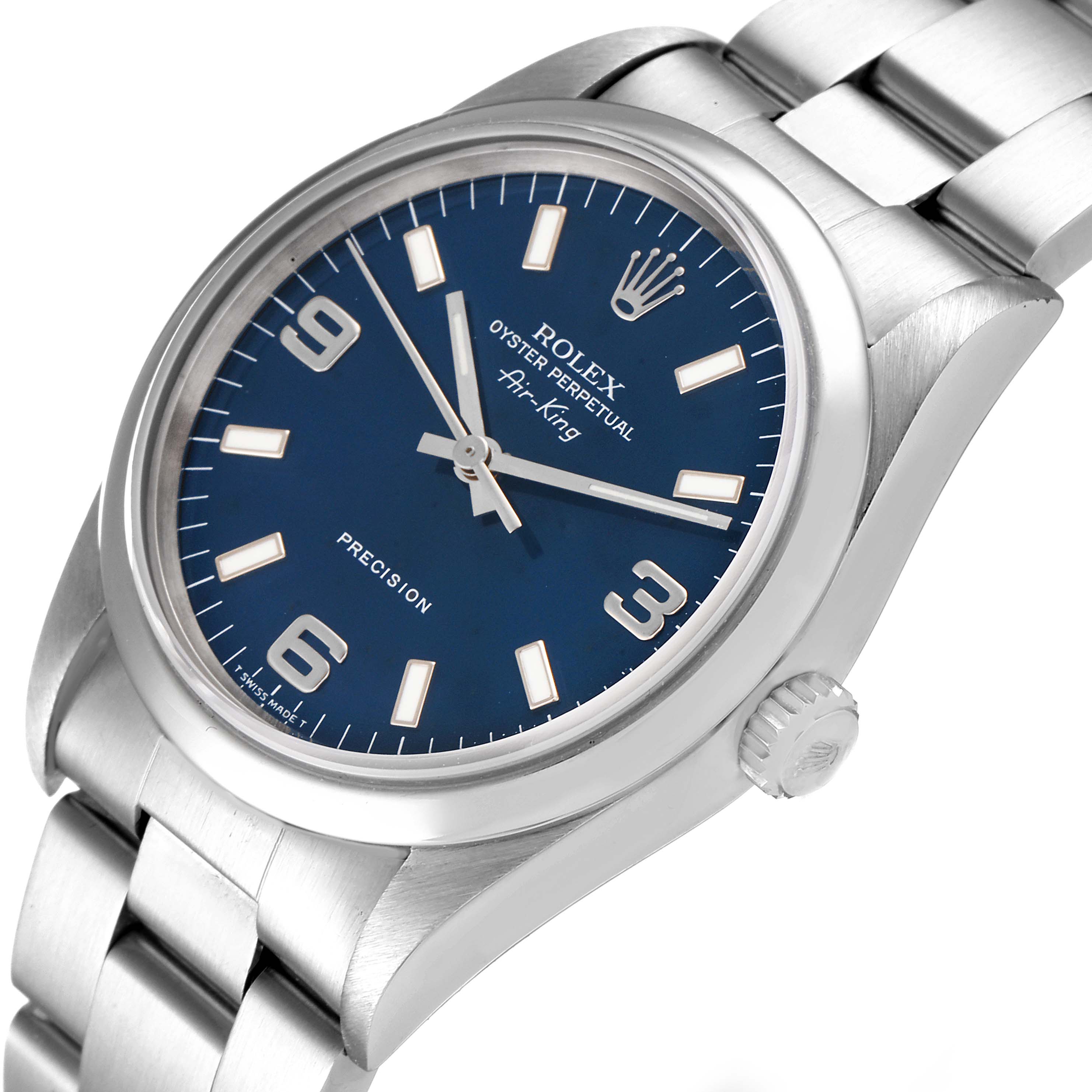 The image shows a Rolex Air-King 14000 Men's Stainless Steel Blue Dial 14000 Men's Stainless Steel Blue Dial watch at an angled view showcasing its blue dial, bezel, crown, and part of the bracelet.