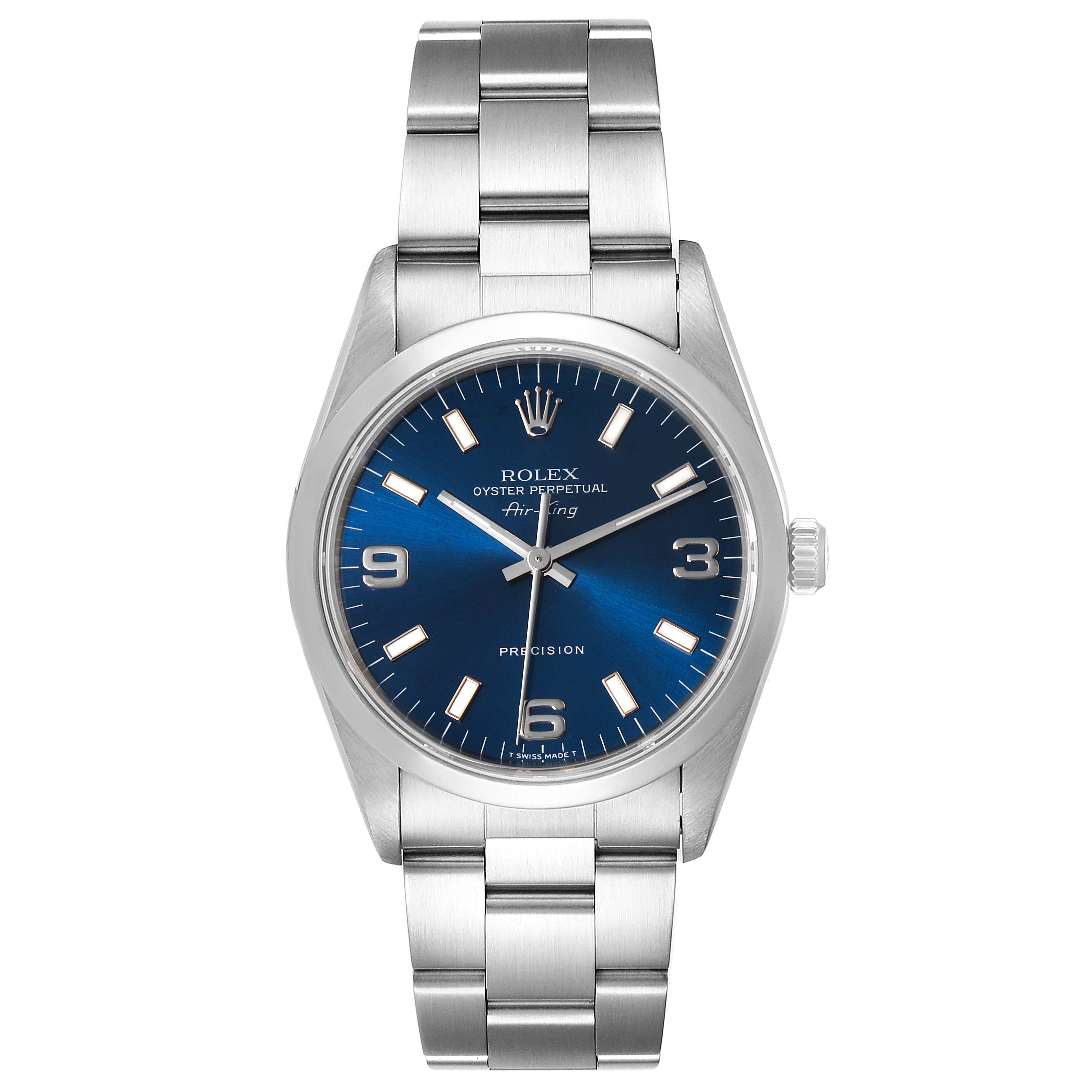 The image shows a frontal view of a Rolex Air-King 14000 Men's Stainless Steel Blue Dial 14000 Men's Stainless Steel Blue Dial watch, highlighting its blue dial, hour markers, and metal bracelet.