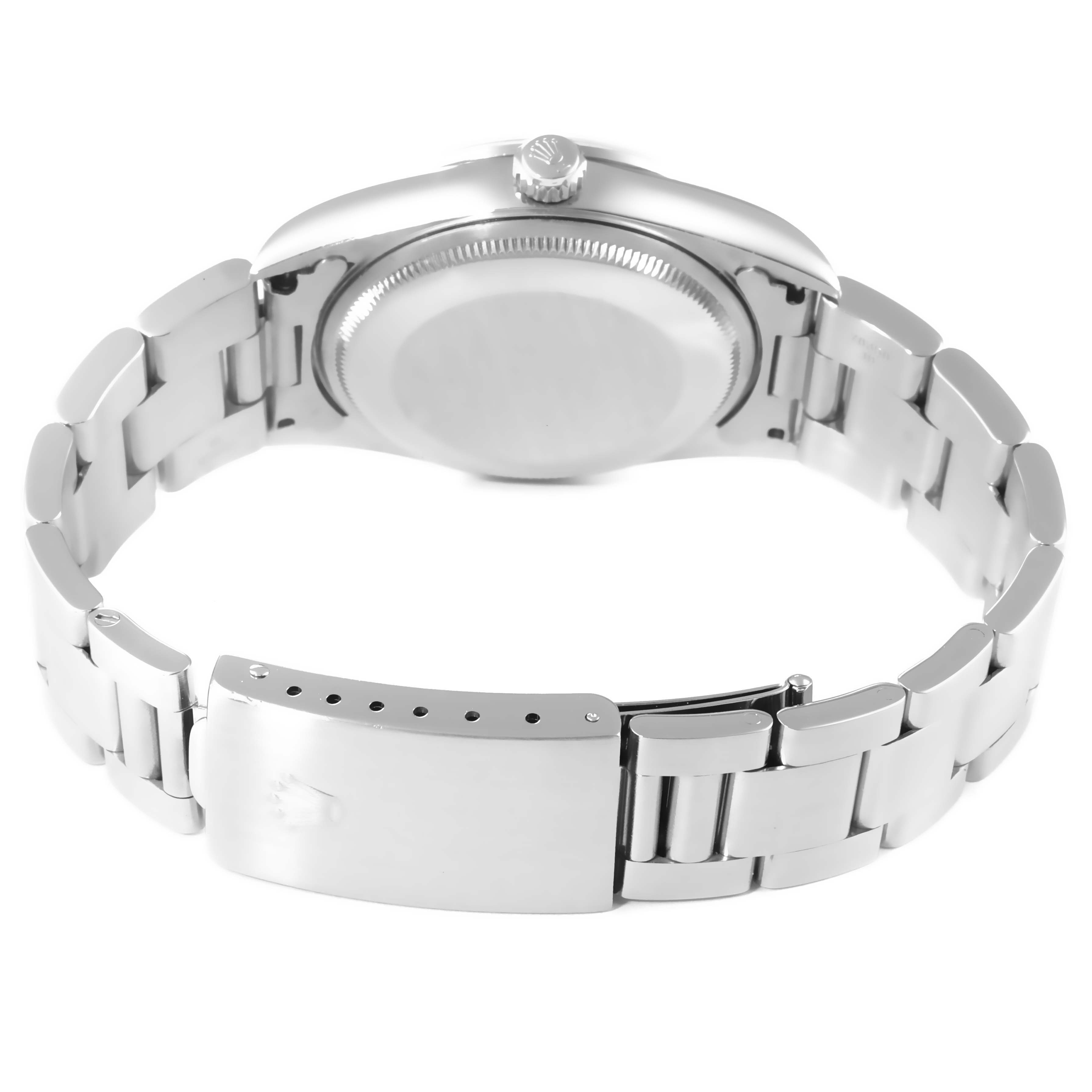 The image shows the back view of a Rolex Air-King 14000 Men's Stainless Steel Blue Dial 14000 Men's Stainless Steel Blue Dial watch, highlighting the bracelet, clasp, and case back.