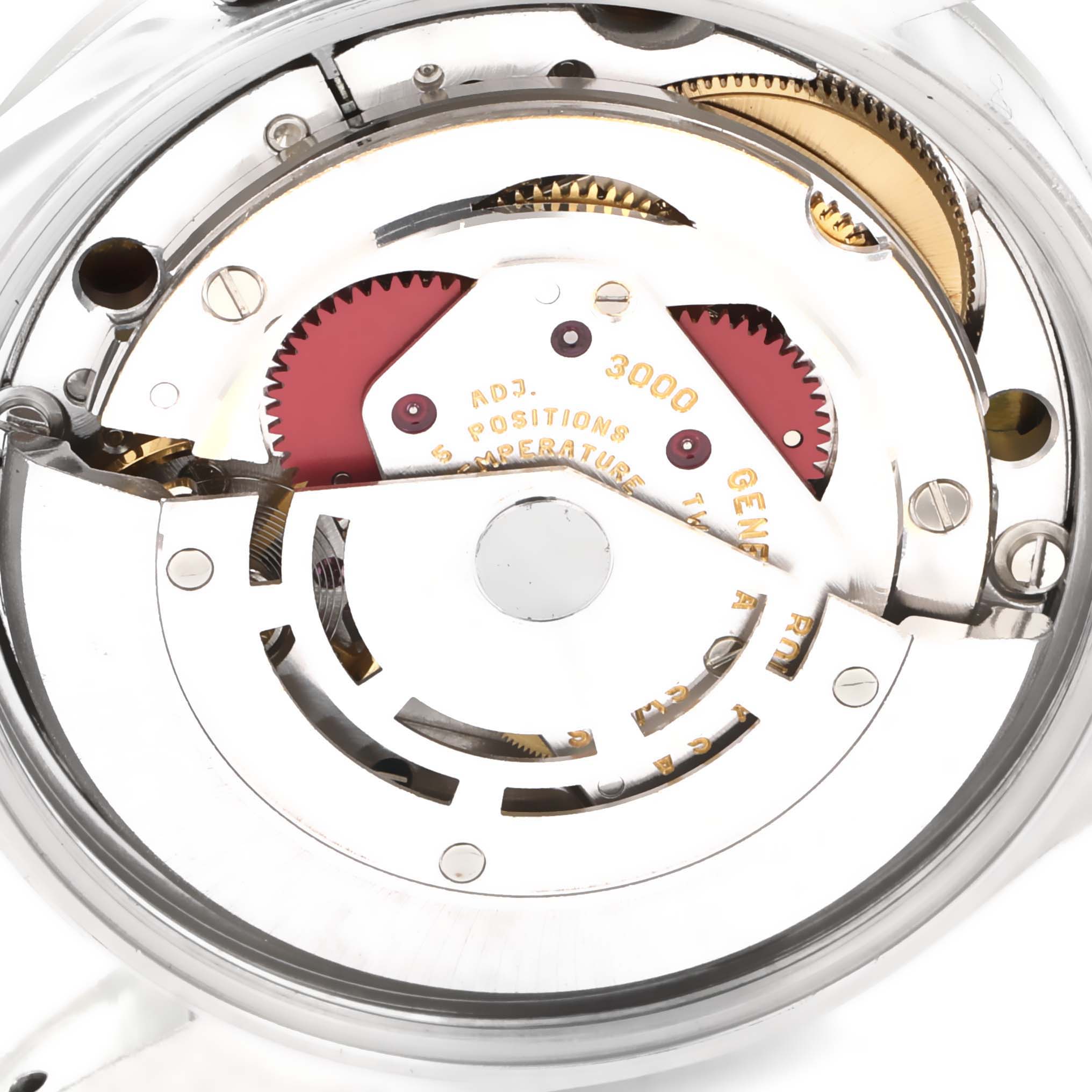 This is a close-up view of the internal mechanics of the Rolex Air-King 14000 Men's Stainless Steel Blue Dial 14000 Men's Stainless Steel Blue Dial watch, showing gears and movement components.