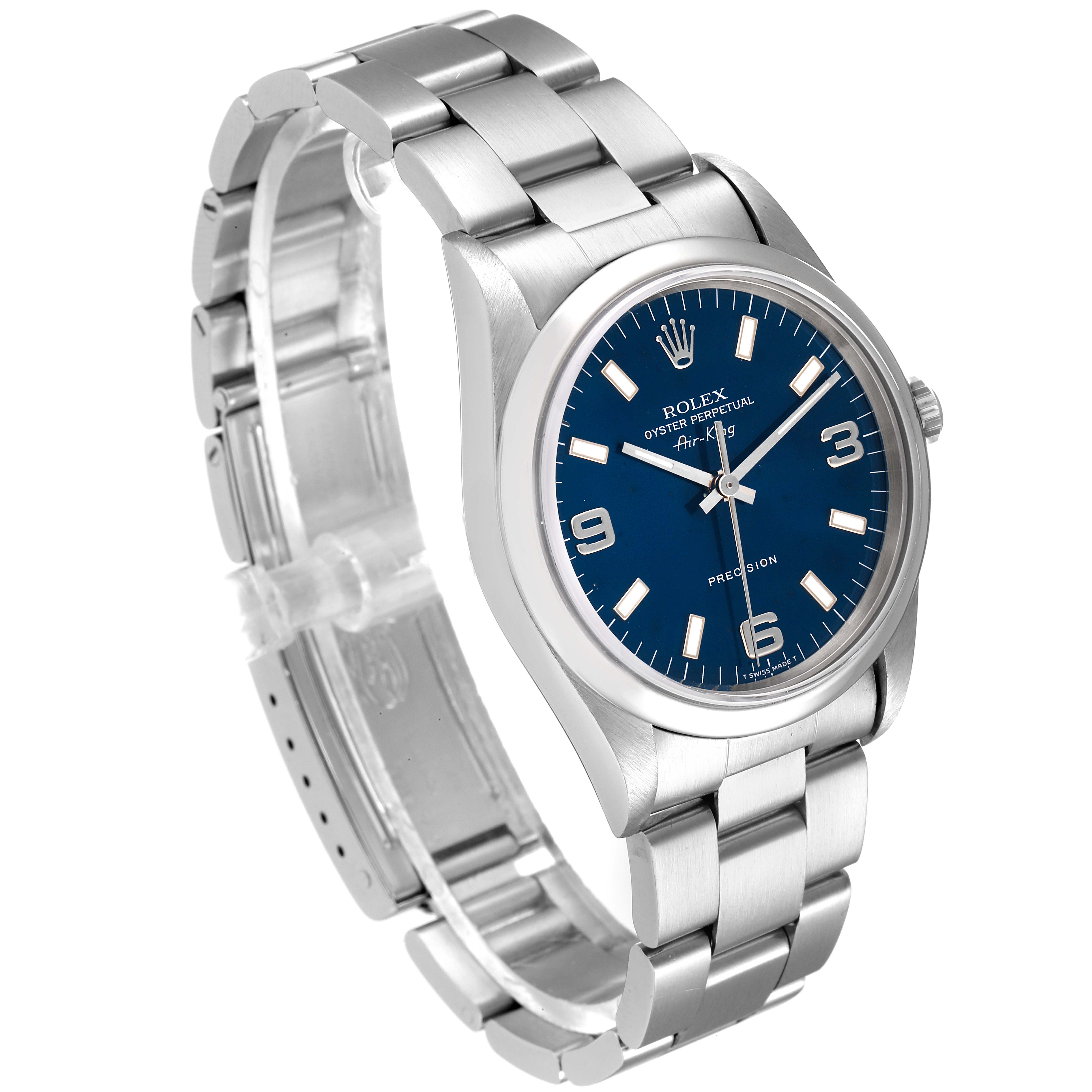 The image shows a side angle of a Rolex Air-King 14000 Men's Stainless Steel Blue Dial 14000 Men's Stainless Steel Blue Dial watch, highlighting its face, bezel, crown, and metal bracelet.