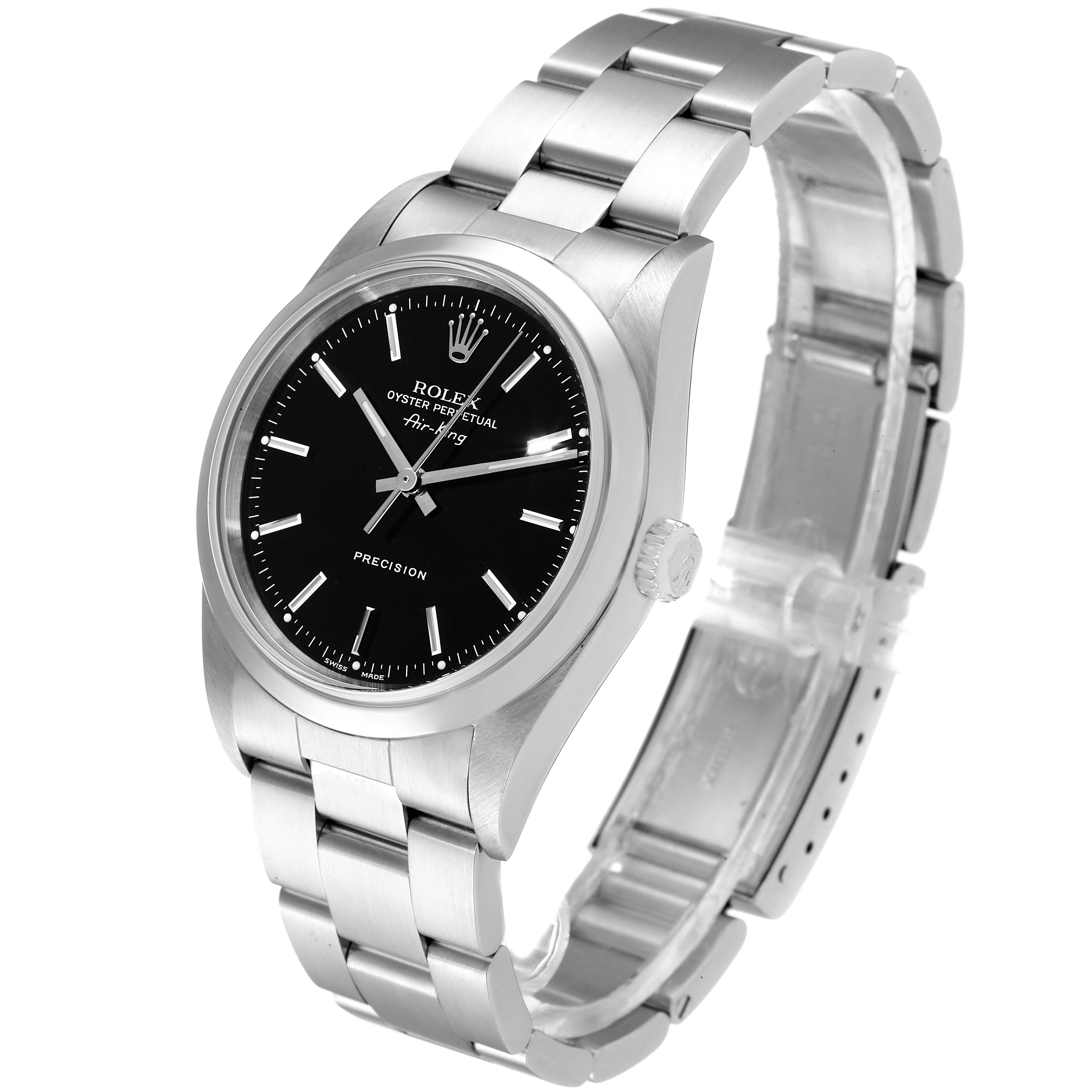 This image shows a Rolex Air-King 14000 Men's Stainless Steel Black Dial 14000 Men's Stainless Steel Black Dial watch from a three-quarter angle, displaying the black dial, case, and metal bracelet.