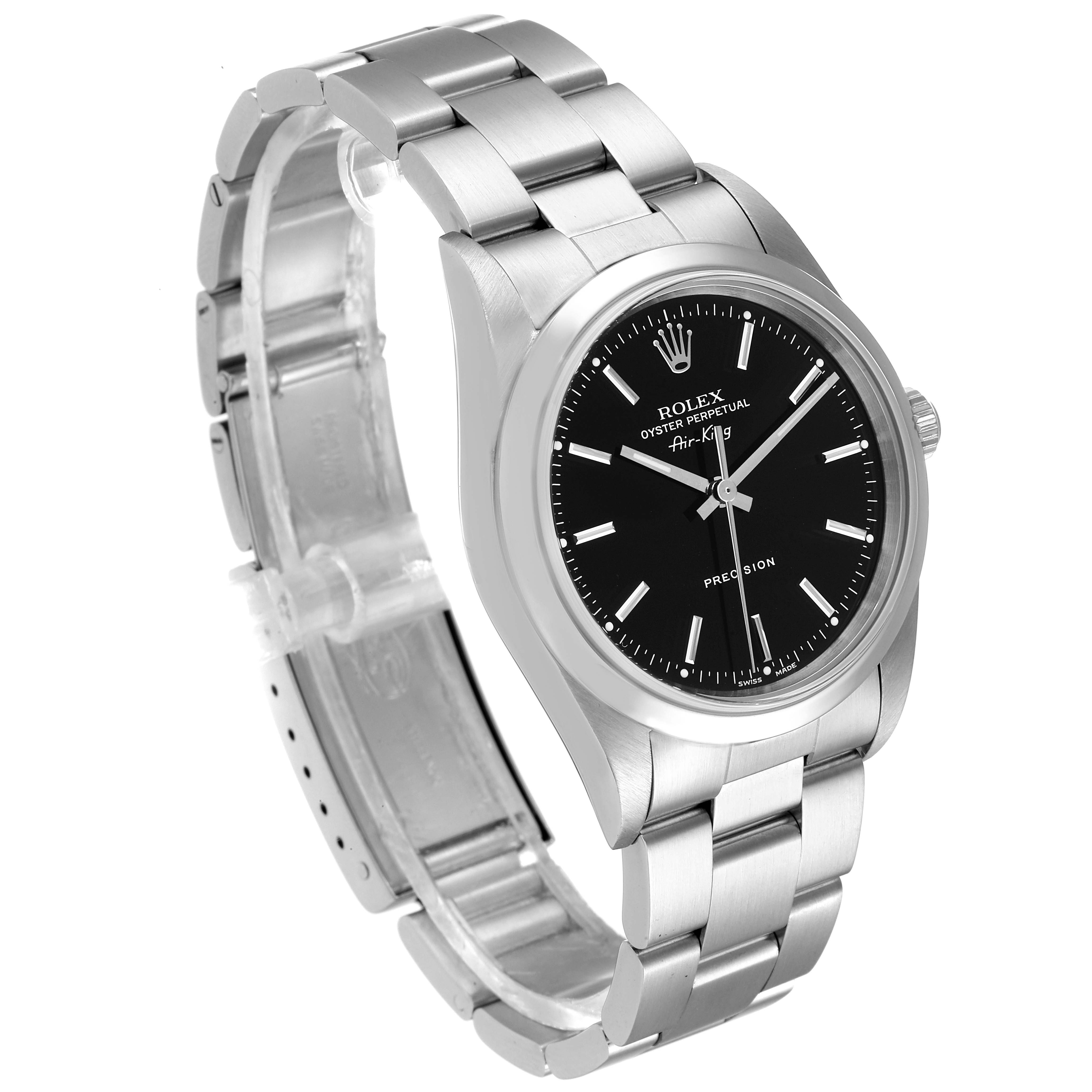 This image shows a Rolex Air-King 14000 Men's Stainless Steel Black Dial 14000 Men's Stainless Steel Black Dial watch at an angled view, displaying its bracelet, case, dial, and clasp.