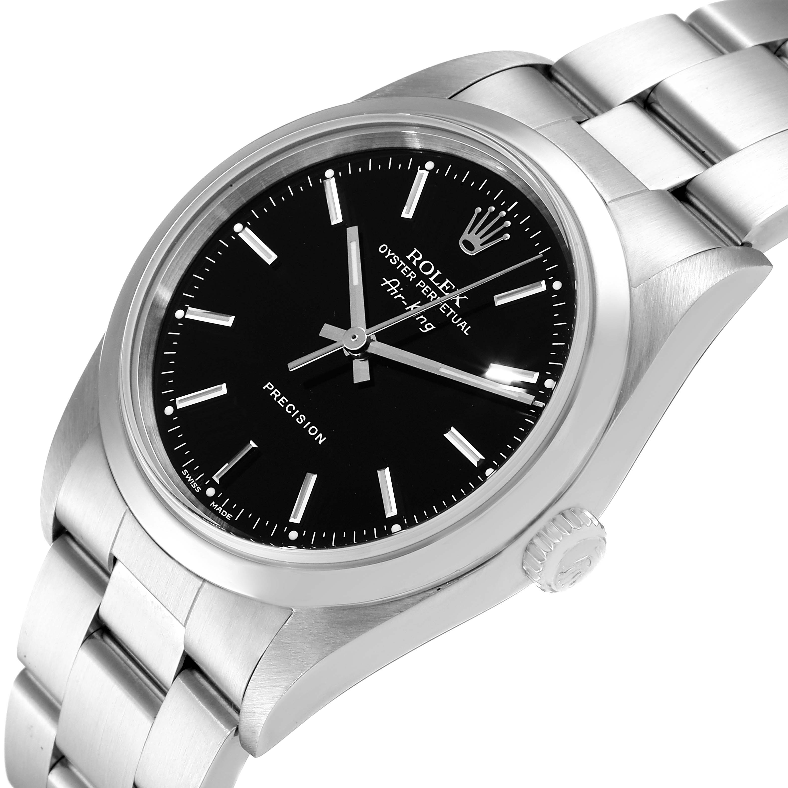 The image shows a close-up, side angle view of the Rolex Air-King 14000 Men's Stainless Steel Black Dial 14000 Men's Stainless Steel Black Dial watch, highlighting the dial, bezel, case, crown, and bracelet.