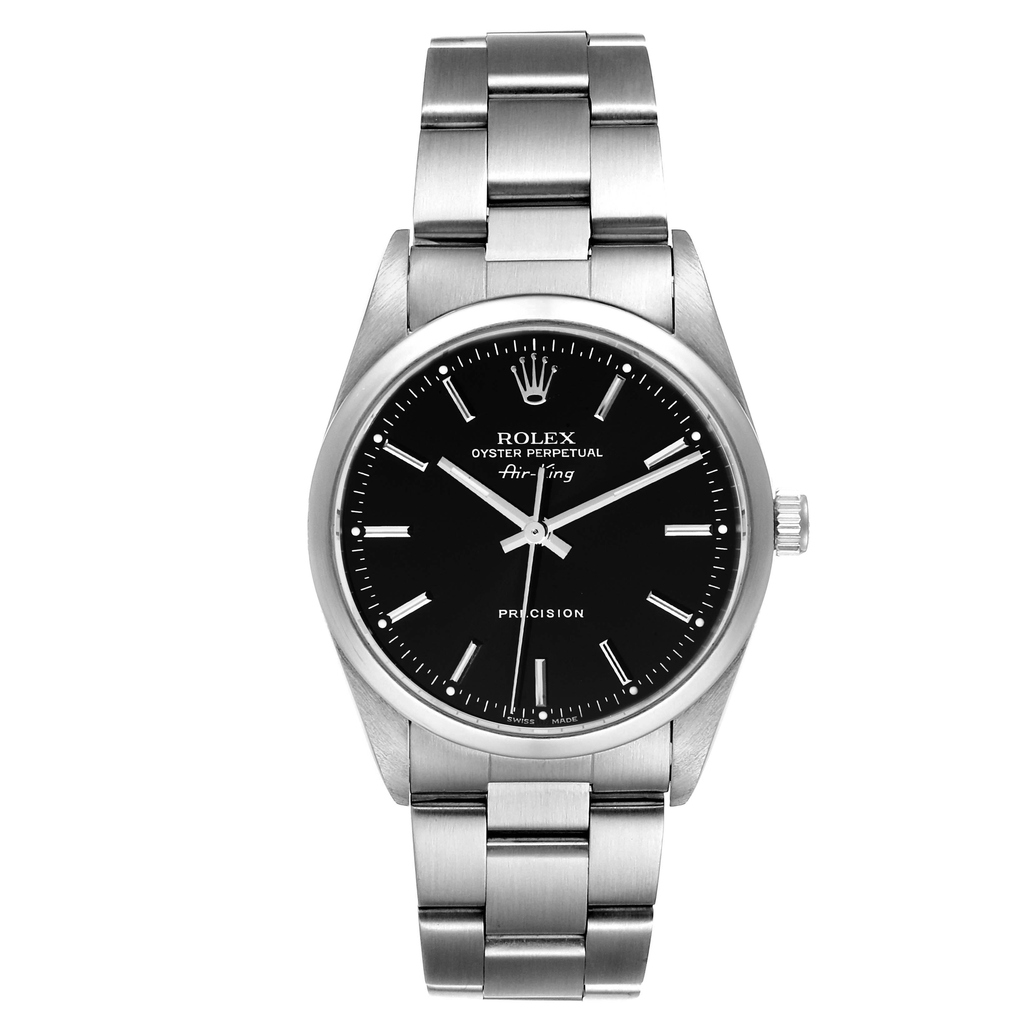 The Rolex Air-King 14000 Men's Stainless Steel Black Dial 14000 Men's Stainless Steel Black Dial watch is shown from the front, displaying its black dial, hours markers, hands, and stainless steel bracelet.