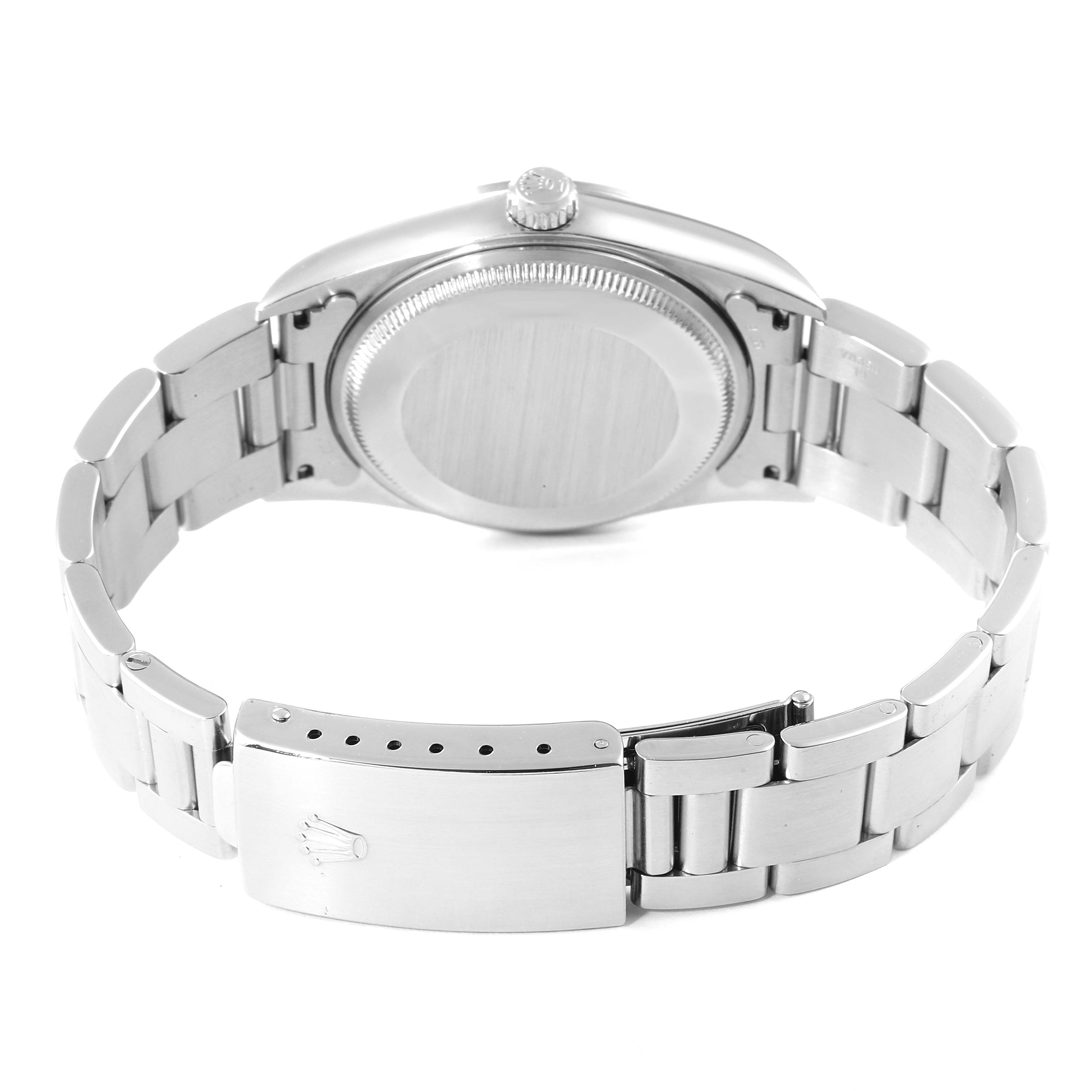 The image shows the back view of the Rolex Air-King 14000 Men's Stainless Steel Black Dial 14000 Men's Stainless Steel Black Dial watch, highlighting the case back, crown, and bracelet clasp.