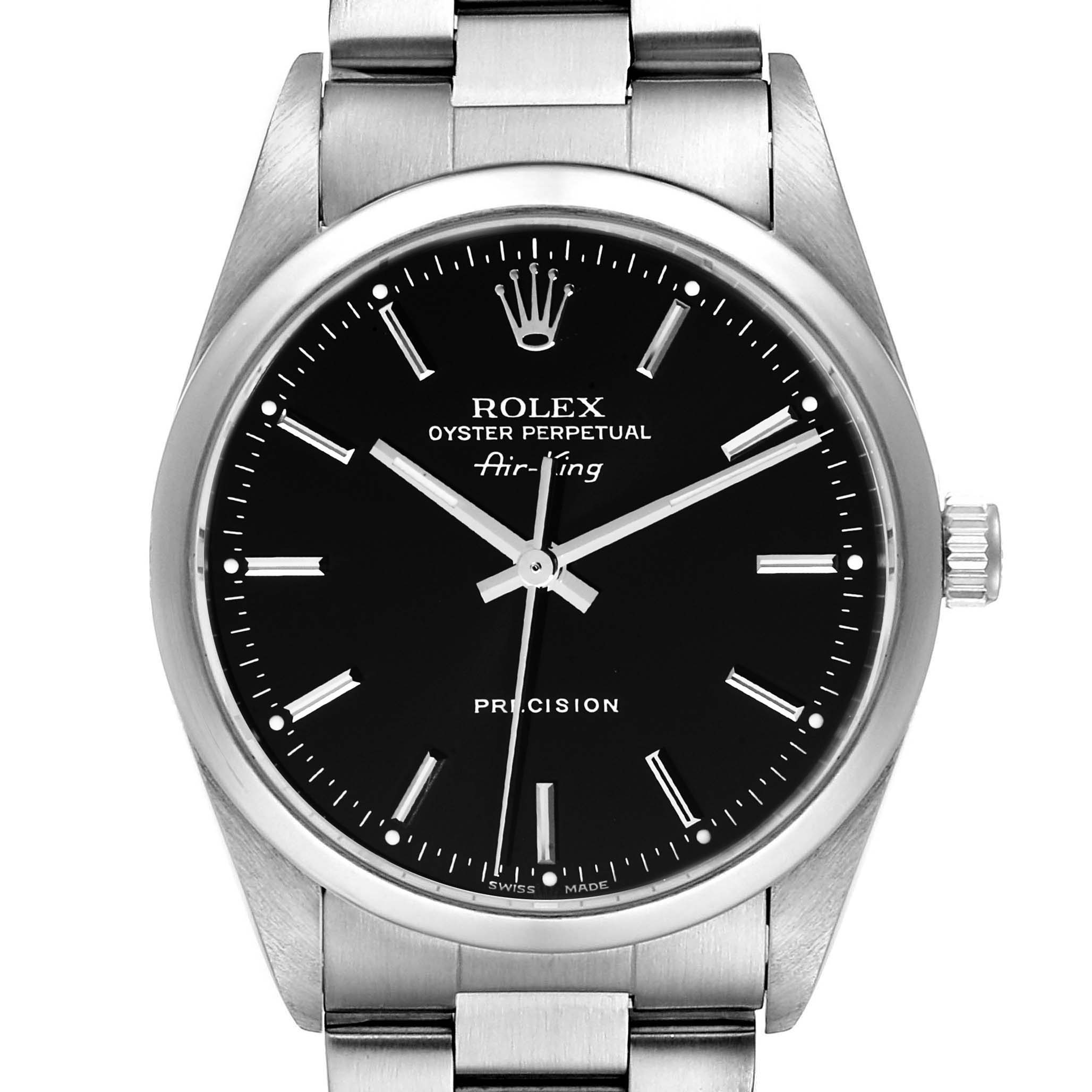 The image shows a front view of the Rolex Air-King 14000 Men's Stainless Steel Black Dial 14000 Men's Stainless Steel Black Dial watch, highlighting its dial, hands, and part of the stainless steel bracelet.