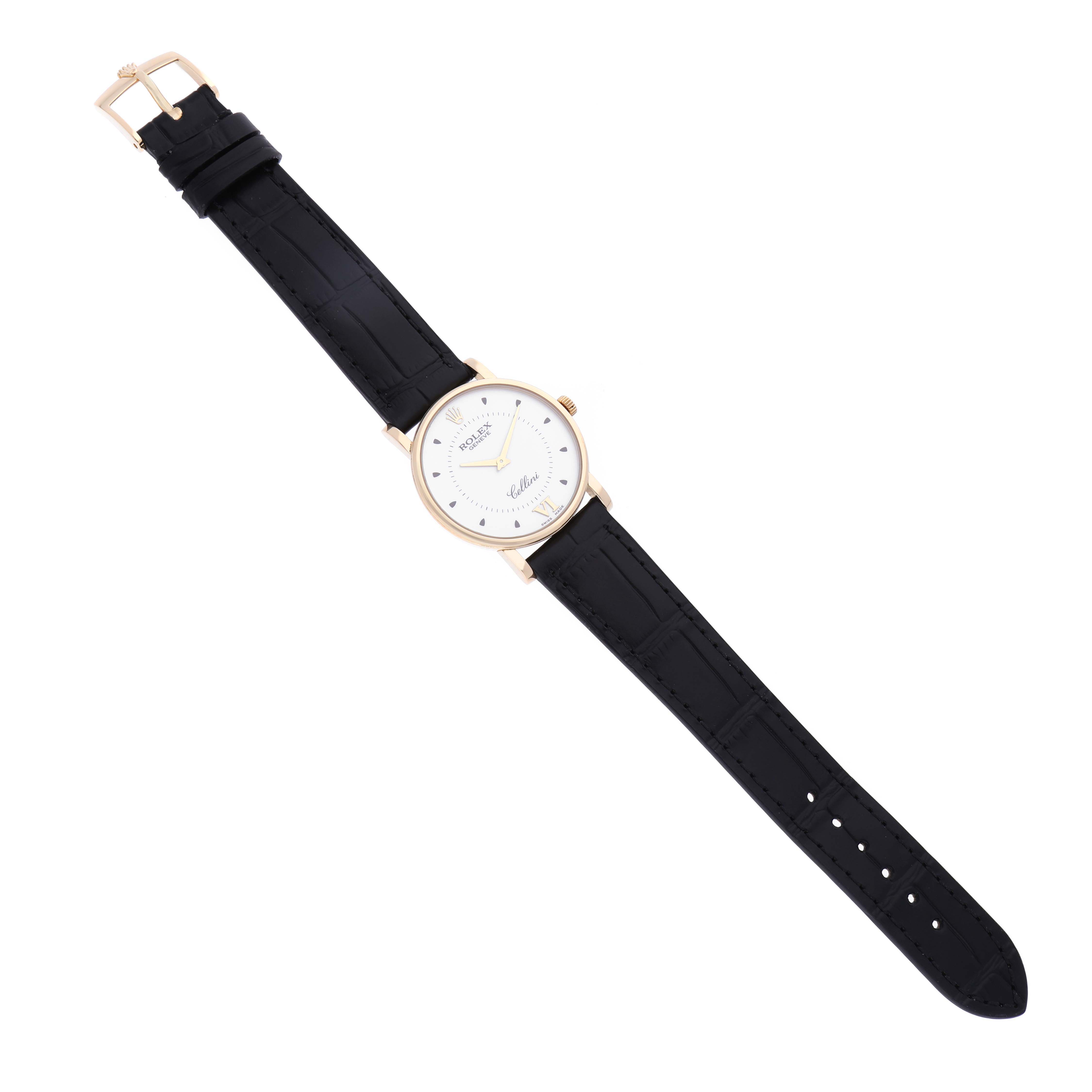 The Rolex Cellini 5115 Men's Yellow Gold Silver Dial 5115 Men's Yellow Gold Silver Dial watch is shown from a top view, displaying the watch face, black leather strap, and gold buckle.