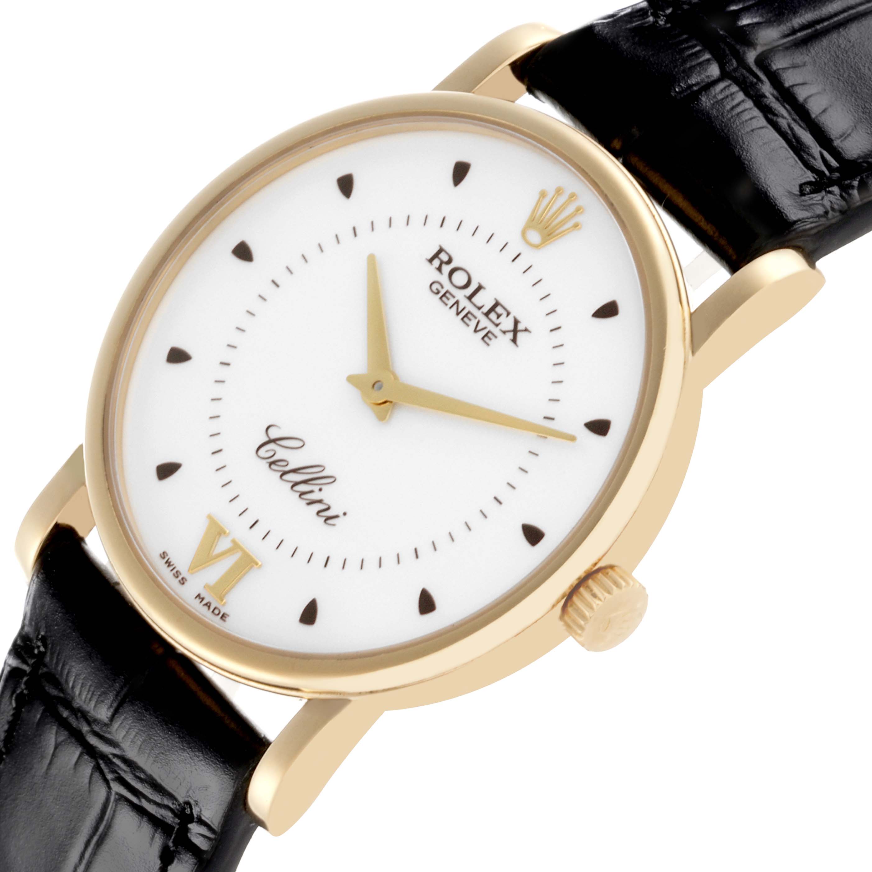 The Rolex Cellini 5115 Men's Yellow Gold Silver Dial 5115 Men's Yellow Gold Silver Dial watch is shown at a slight angle, displaying the dial, case, crown, and leather strap.