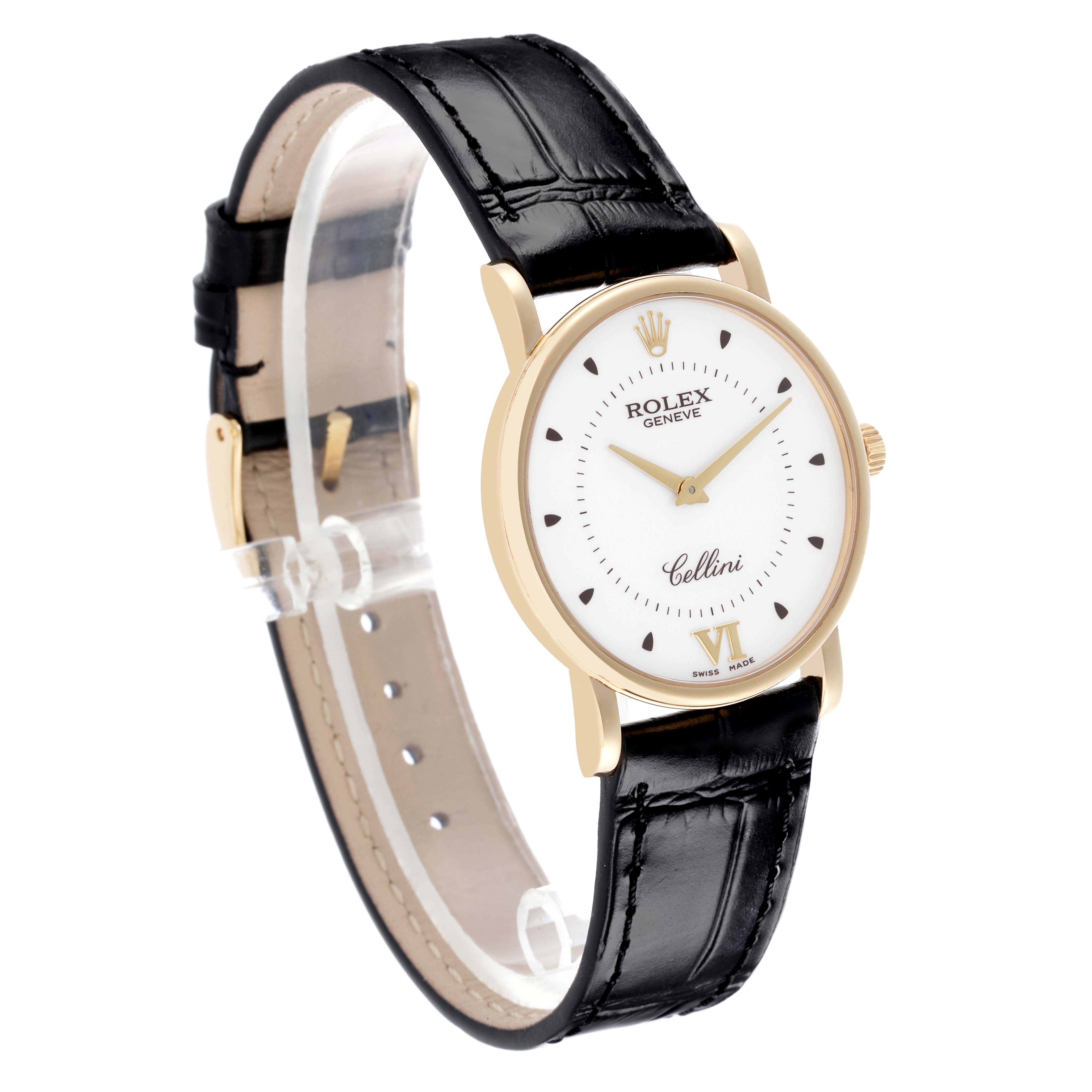 The Rolex Cellini 5115 Men's Yellow Gold Silver Dial 5115 Men's Yellow Gold Silver Dial watch is shown at a three-quarter angle, highlighting the face, case, and strap.
