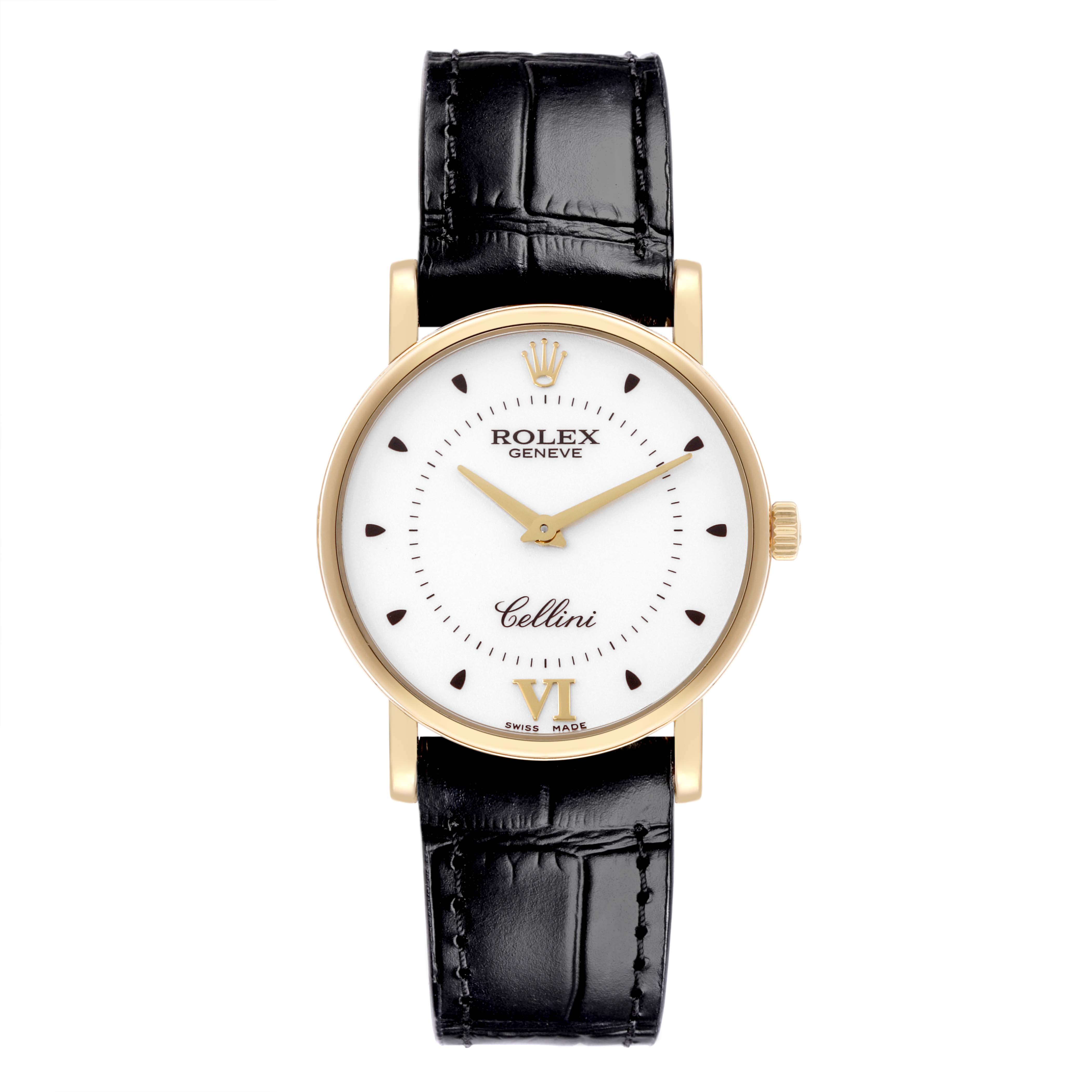 The Rolex Cellini 5115 Men's Yellow Gold Silver Dial 5115 Men's Yellow Gold Silver Dial watch is shown from a front view, highlighting the dial, gold case, and black leather strap.