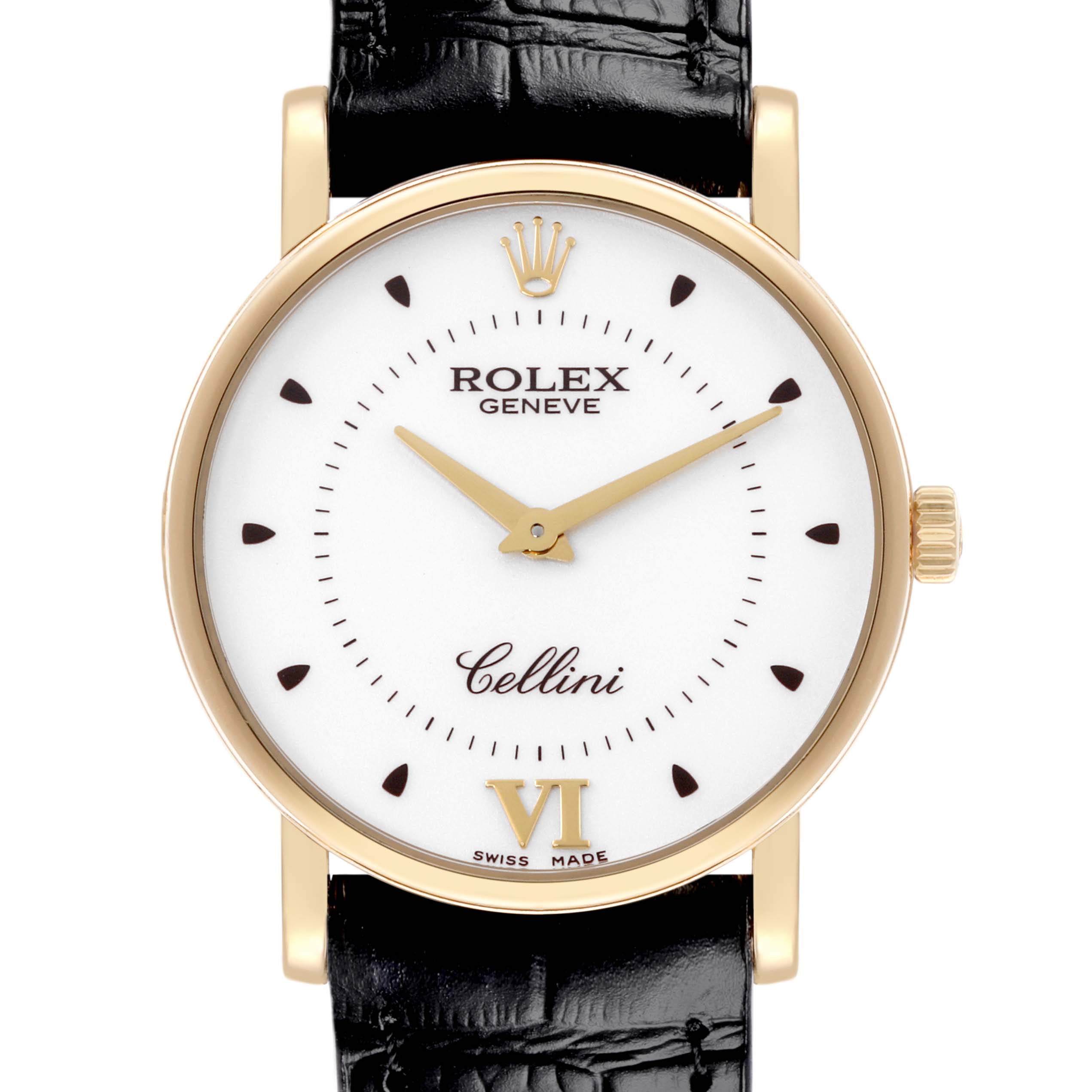 The image shows a Rolex Cellini 5115 Men's Yellow Gold Silver Dial 5115 Men's Yellow Gold Silver Dial watch from a frontal angle, highlighting its gold case, white dial, crown, and black leather strap.