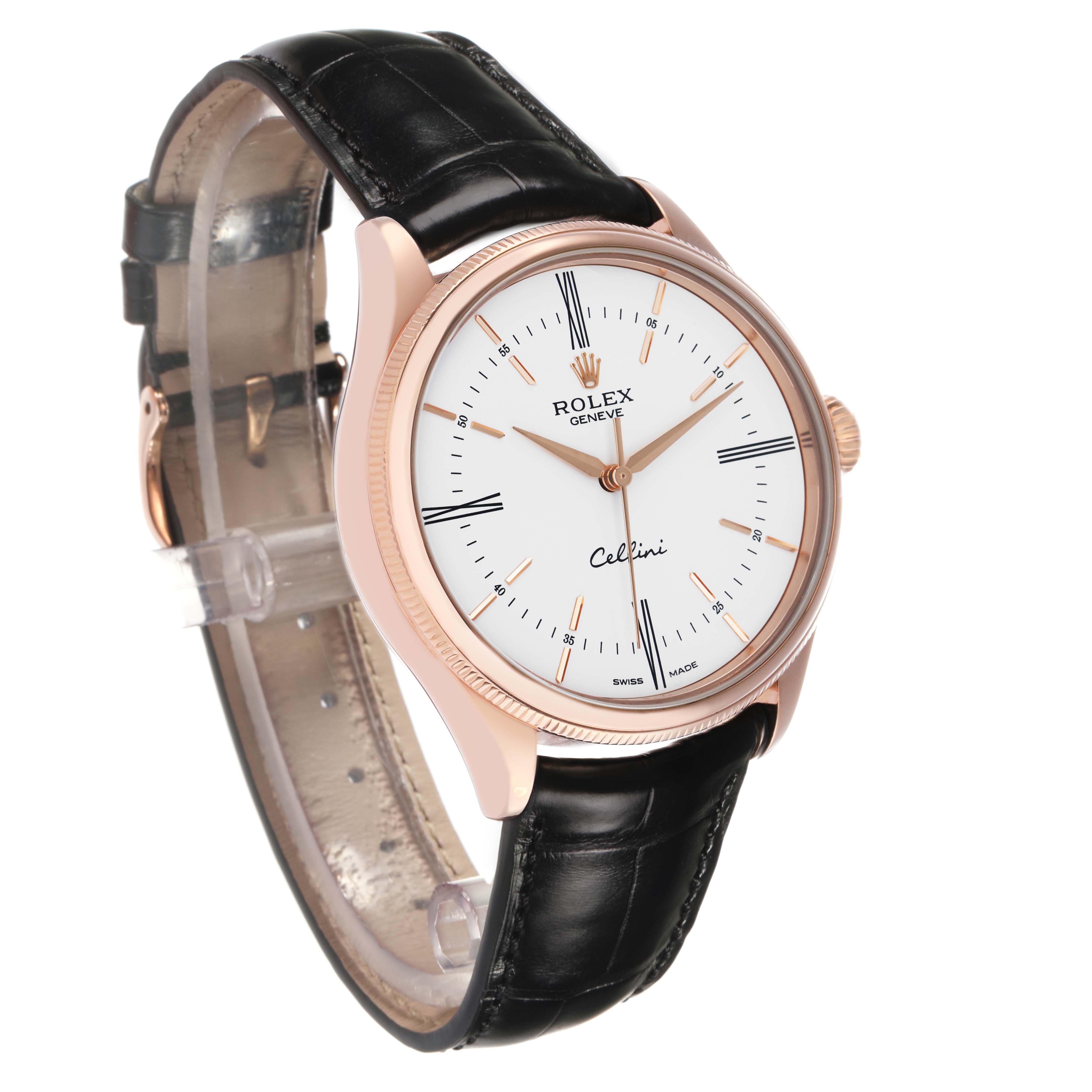 The Rolex Cellini 50505 Men's Rose Gold White Dial watch is shown at a three-quarter angle, displaying its face, crown, case, and leather strap.